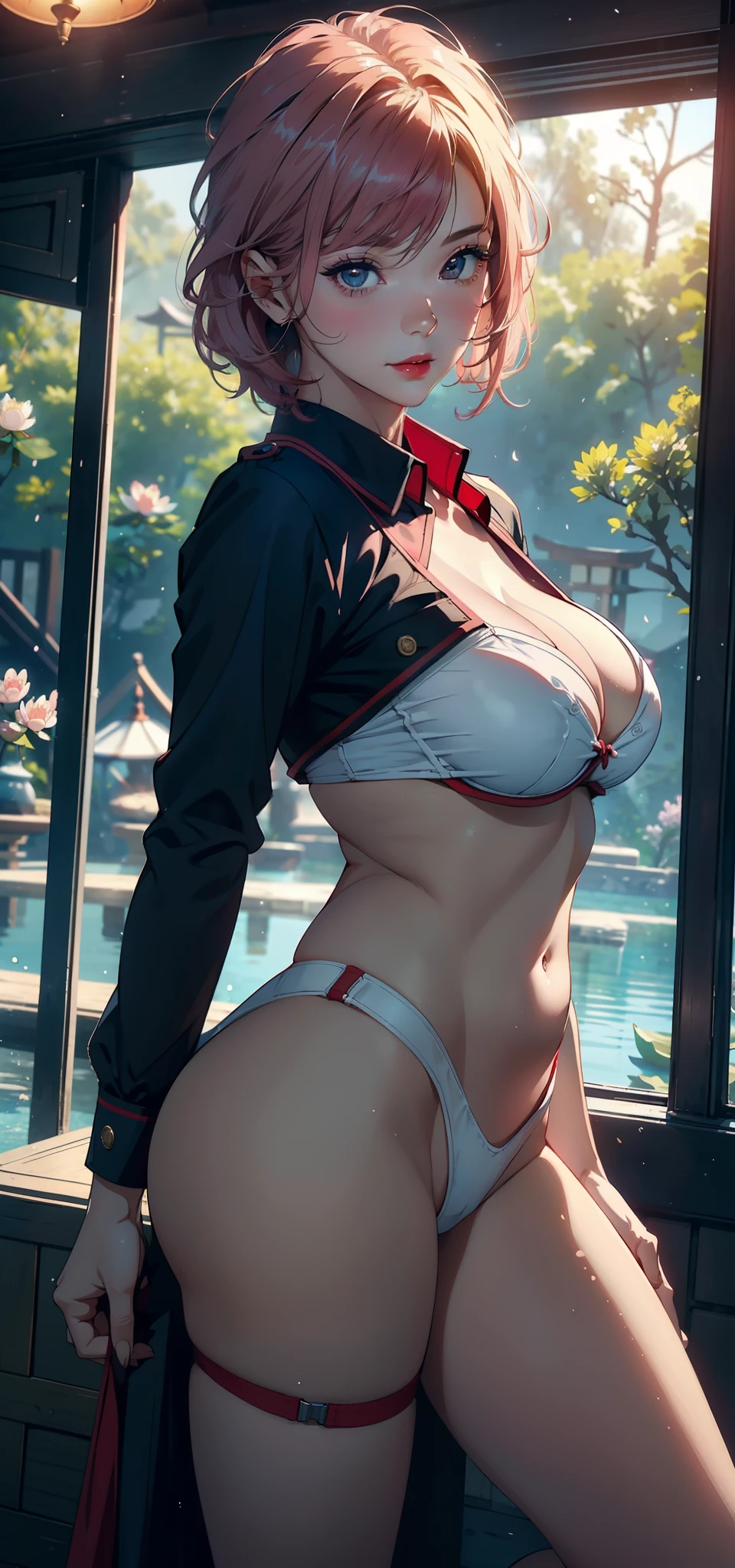1female,45 yers old,Married Woman,熟妇,plumw,extremely large bosom, 独奏,(Background with:ponds,Cherry blossom forest,lotus flower)Lie underwater, She has short pink hair,seen from the front,, mostly cloudy sky,(((tmasterpiece),(Very detailed CG unity 8K wallpaper),best qualtiy,cinmatic lighting,detailed back ground,beatiful detailed eyes,Bright pupils,Black eyes,Snow-whiteskin,Redlip(Very fine and beautiful),(Beautiful and detailed eye description),ultra - detailed,tmasterpiece,))facing at camera,A high resolution,ultra - detailed),revealing breasts,Bare genitalia, Bulge,legs are open,Raised sexy,Camel toes,Desire for dissatisfaction,frontage,(Wearing:Red flight attendant uniform,Bare ,)
