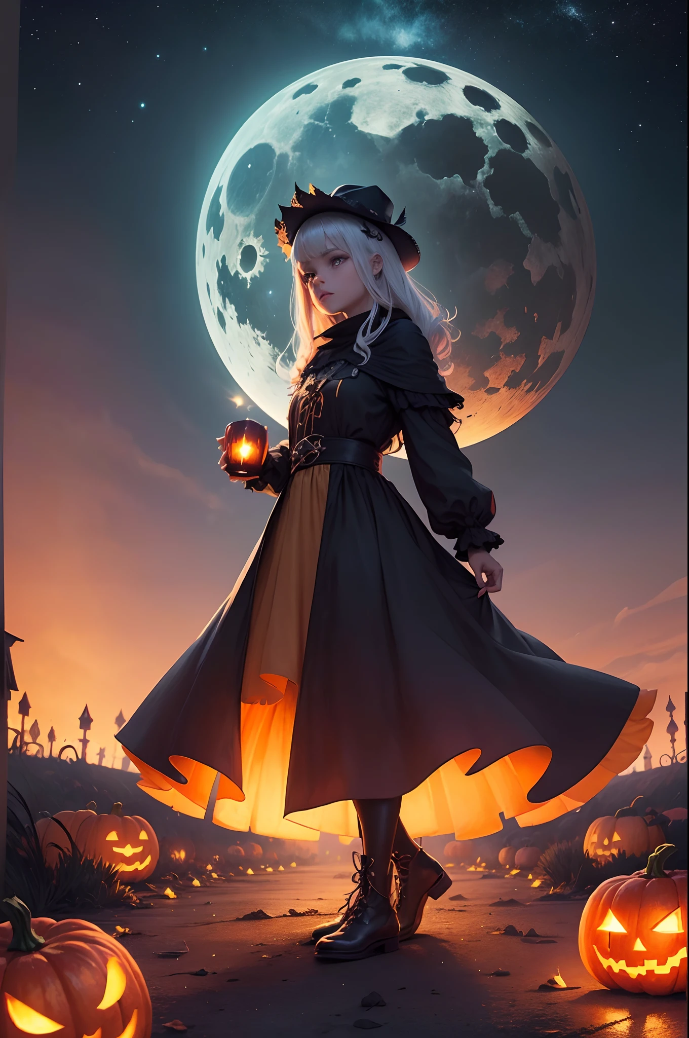Floating lights of All Hallows' Eve, Cinematic light and reflection, Luces brillantes, Elementos intermedios del metaverso，Pintura digital, reflejos brillantes, Pensando, All Hallows' Eve jack-o'-lantern, Noche tranquila, Digital illustration, hermoso ambiente, Claraboya por la noche, Ambiente tranquilo por la noche, jack-o'-lantern, halloween, la noche, La Luna, La escena del jUEgo, halloween, Rodeado de nubes, Edificios en la Europa medieval, baldosas esmaltadas, UE, Gorgeous colors, Hay tres arcos en primer plano((tinta de color)), ( (salpicaduras de tinta ) ), ((salpicaduras de tinta) manchado de tinta})), tmasterpiece, alta quaridad, Beautiful graphics, Alto detalle