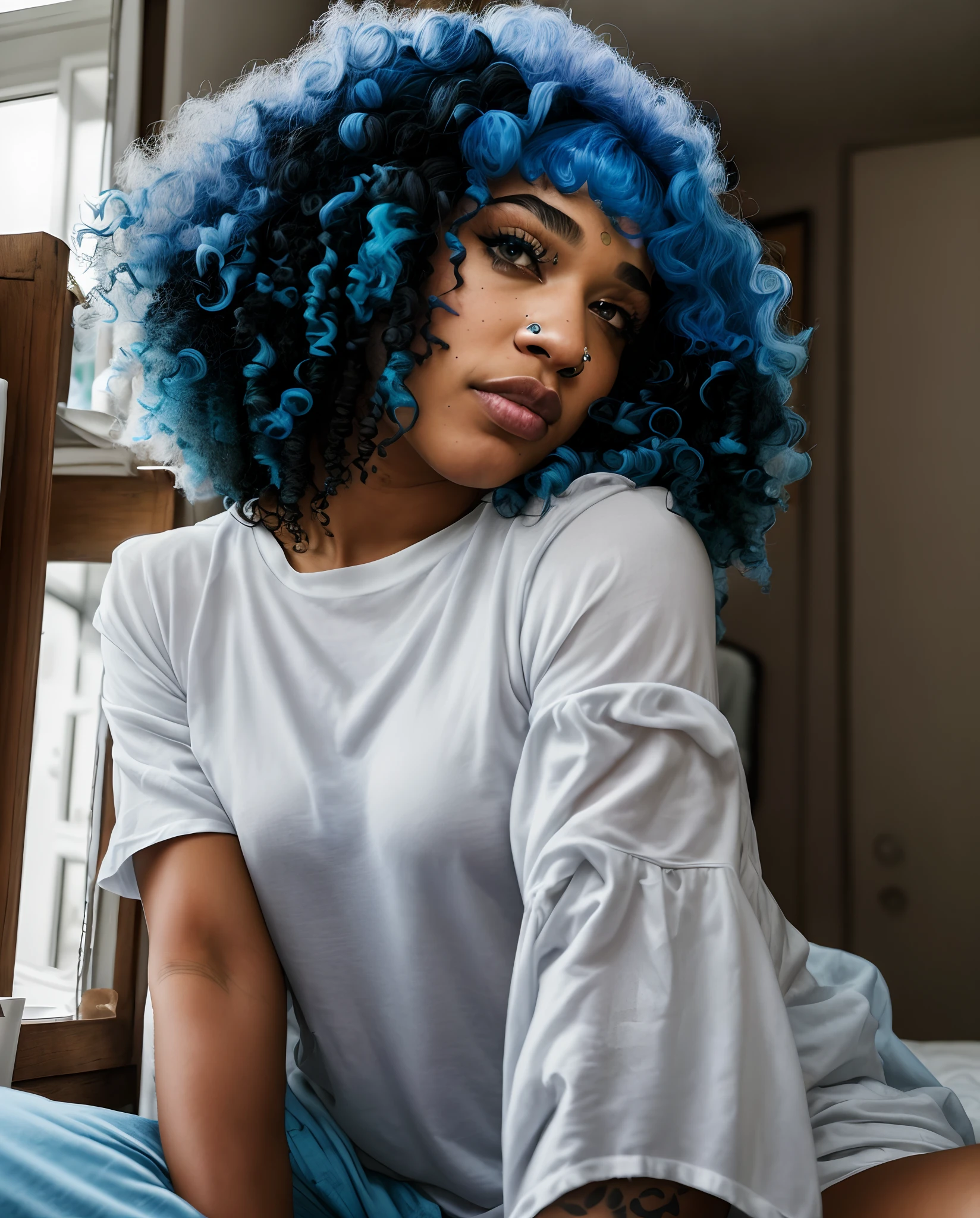 there is a woman with a tattoo on her arm sitting on a bed, ashteroth, tessa thompson inspired, blue hair, tessa thompson, tattoo sleeve on her right arm, curly haired, profile image, infp young woman, blue hair, dressed in a white t shirt, curly afro, without makeup, selfie of a young woman, blue curly hair, doja cat, photo of a black woman