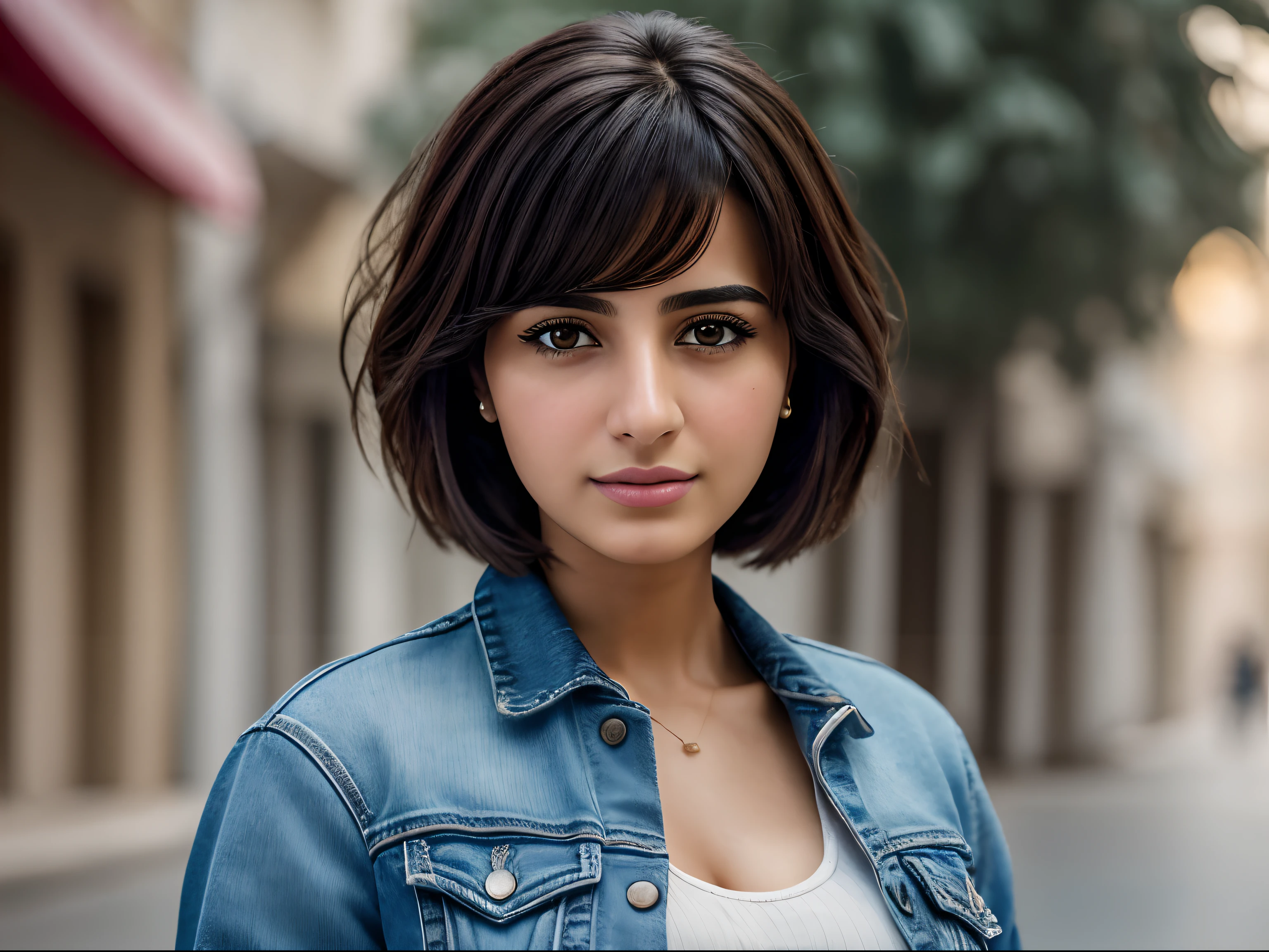 Realistic and detailed portrait of an Iraqi girl, attractive, 18 years with jean jacket cleavage, large breasts, short cut bob hair, holding hair up with hand, (masterpiece), best quality, high resolution, extremely detailed, blurred background, depth of field, cinematic lighting, Full body, (8K), (extremely detail),Highly detailed facial and skin texture
