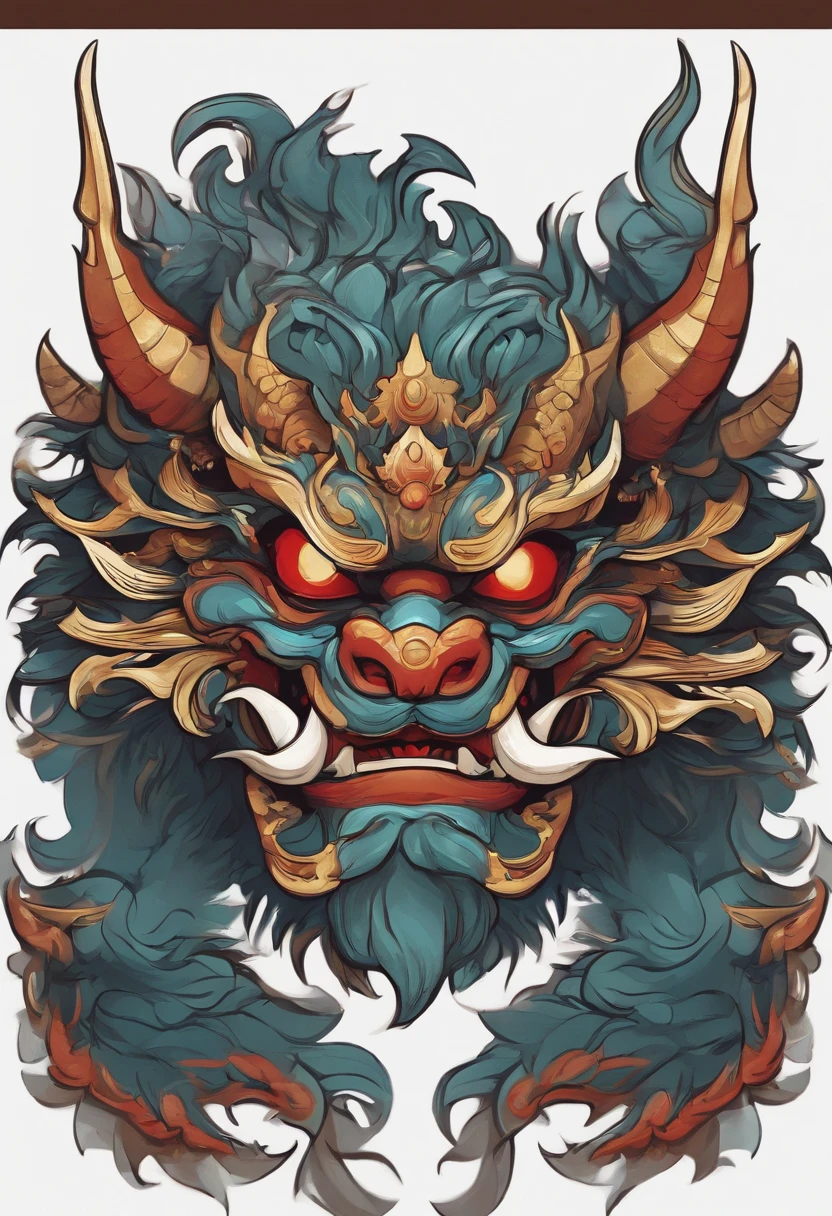 Sticker illustration on white background, Goblin face painting in the shape of a dragon, Qiu Tianwang, Painting in the oriental style, Tengu Mask, Demon Samurai Mask, Asura in Chinese mythology, Bold contour style, Jagged edges, Front Painting, recycle bin, Light Shading --V 5.2