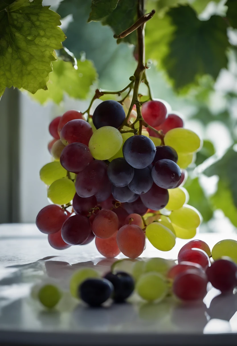bunch of grapes，crystal-clear，Placed on a snow-white tabletop，water dripping，Light and shadow reflection，The grapes are colorful，The fruit basket contains other fruits，water ripple，inverted image，4k，Cinematic texture，hiyao miyazaki