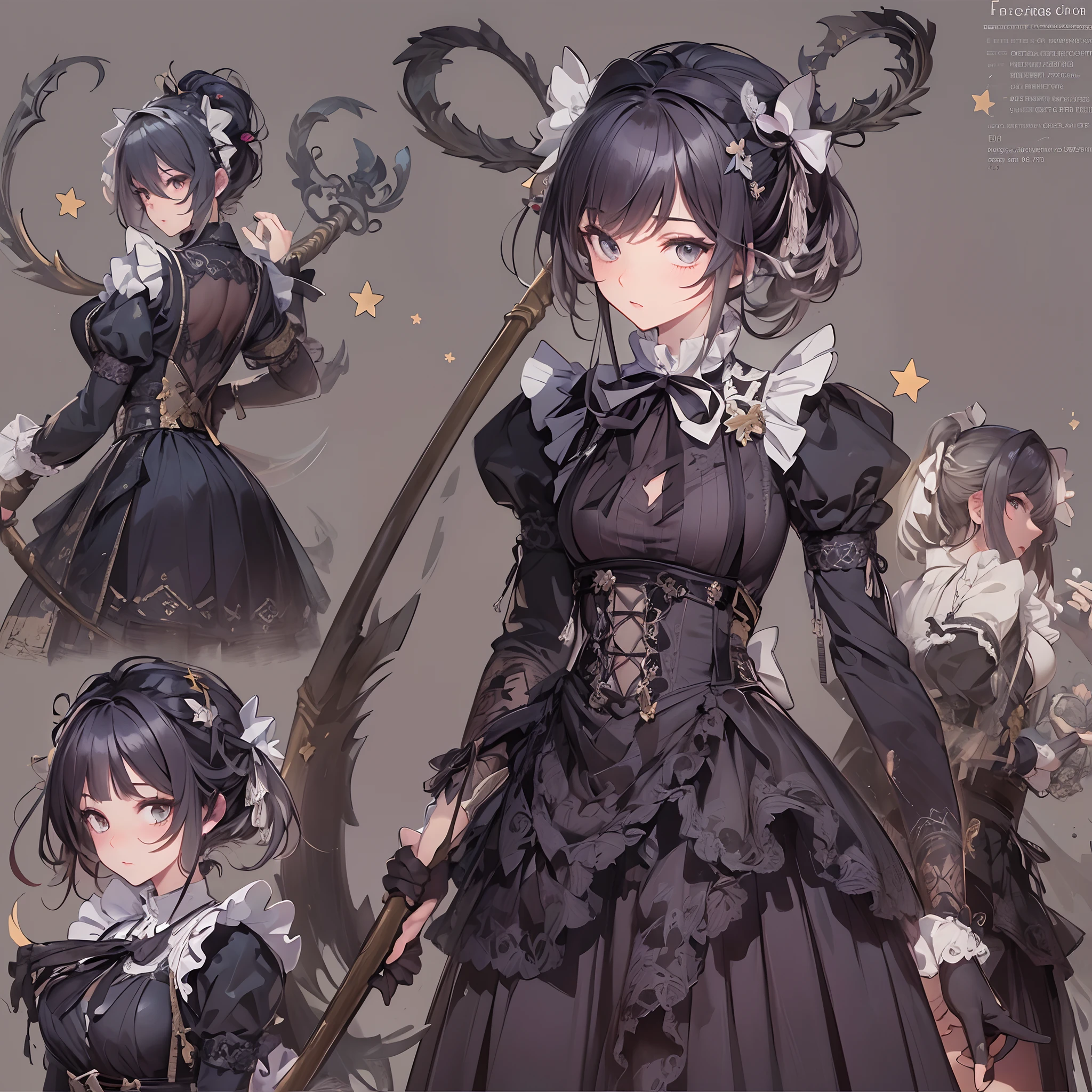 ((Masterpiece, Highest quality)), Detailed face, CharacterDesignSheet, full bodyesbian, Full of details, Multiple poses and expressions, Highly detailed, Depth, Many parts,Beautiful Maid,holding a scythe,shinigami,double-ponytail,estilo fantasia,Extremely beautiful,High Balance, Natural light, Lace,lacepantyhose,Sunny décor,Star decoration