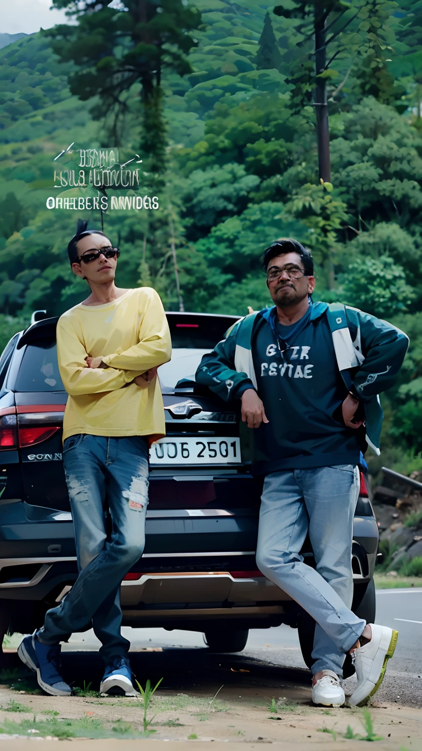 two men standing next to a car on a road with a mountain in the background, outlive streetwear collection, cinematic shoot, ghutra and egal, * colour splash *, shot on sony a 7, movie stills photography, cute boys, jayison devadas style, full body photogenic shot, shot on canon eos r5, shot on canon eos r 5, stylish pose