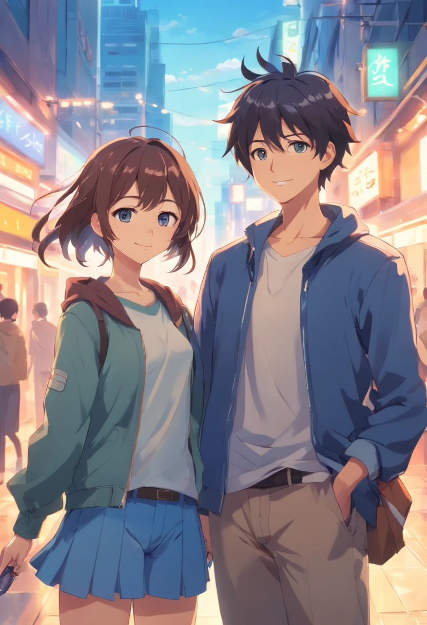 a couple of anime characters standing next to each other and happily posing for a picture (Boy and Girl), a blue vibrant color pallet, lightly smiley faces, casual clothes, 8k, high quality, ray tracing, looking at the camera, holding phones