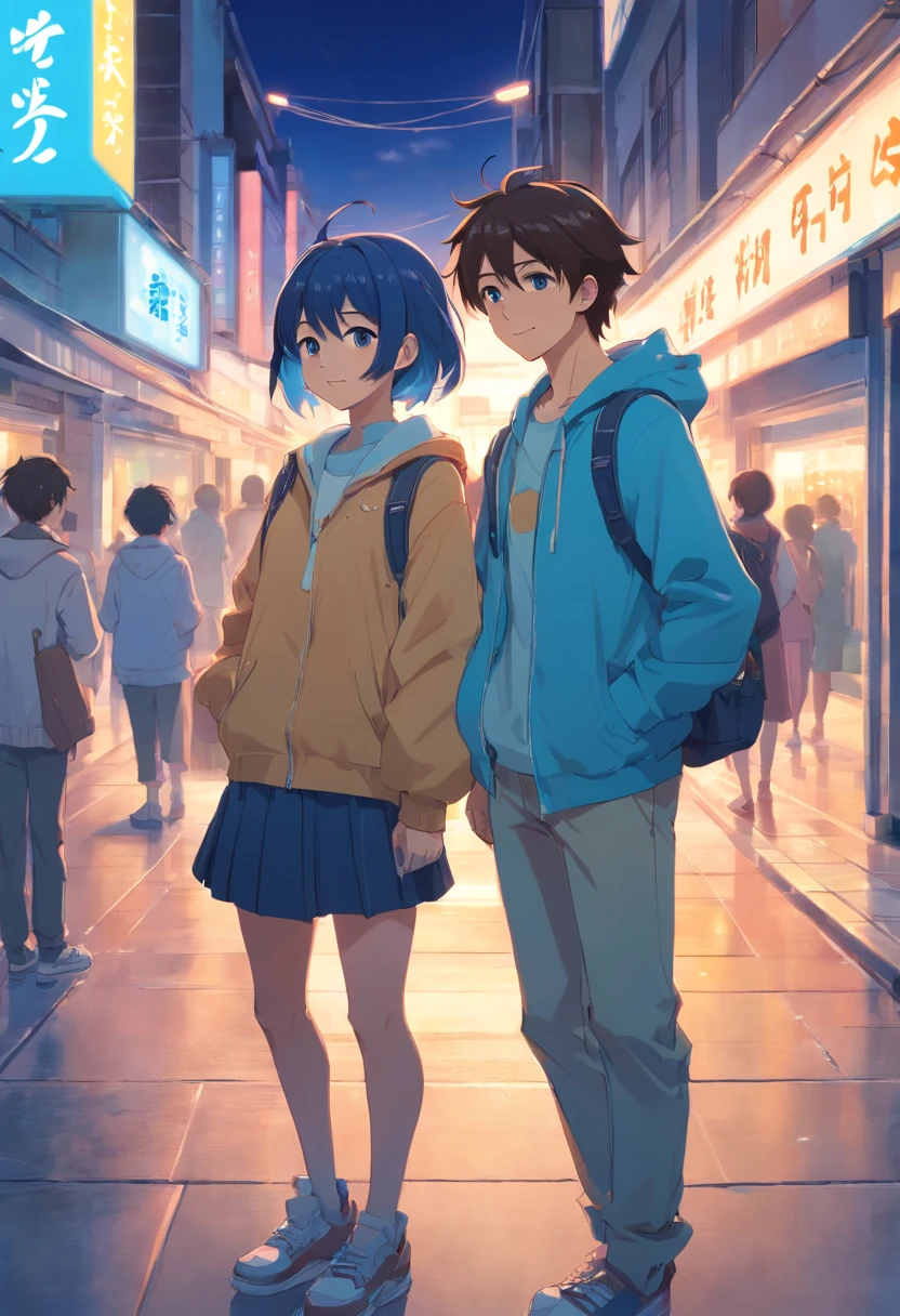 a couple of anime characters standing next to each other and happily posing for a picture (Boy and Girl), a blue vibrant color pallet, lightly smiley faces, casual clothes, 8k, high quality, ray tracing, looking at the camera, holding phones