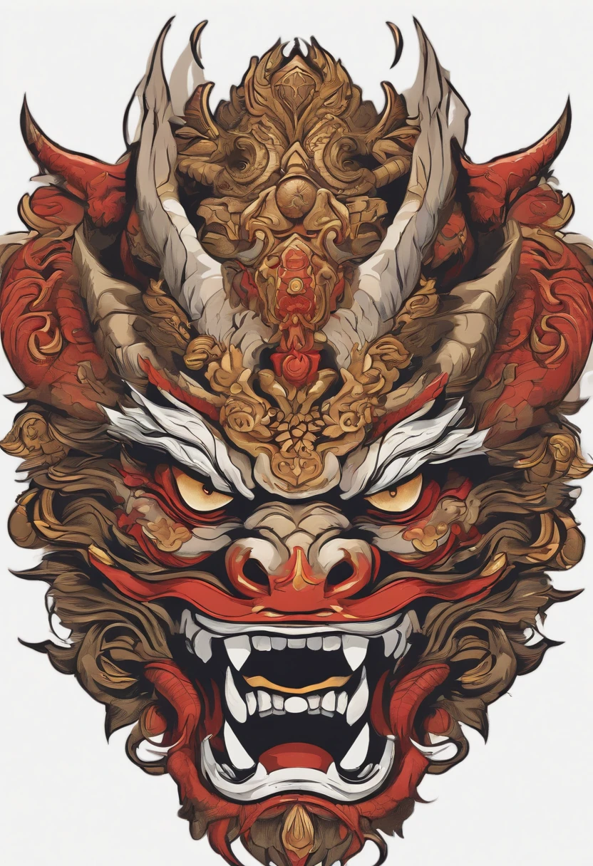 Sticker illustration on white background, dragon face, Goblin face, Qiu Tianwang face, Painting in the oriental style, Tengu Mask, Demon Samurai Mask, Asura in Chinese mythology, Bold contour style, Jagged edges, Front Painting, recycle bin,Simple illustration, Light Shading --V 5.2