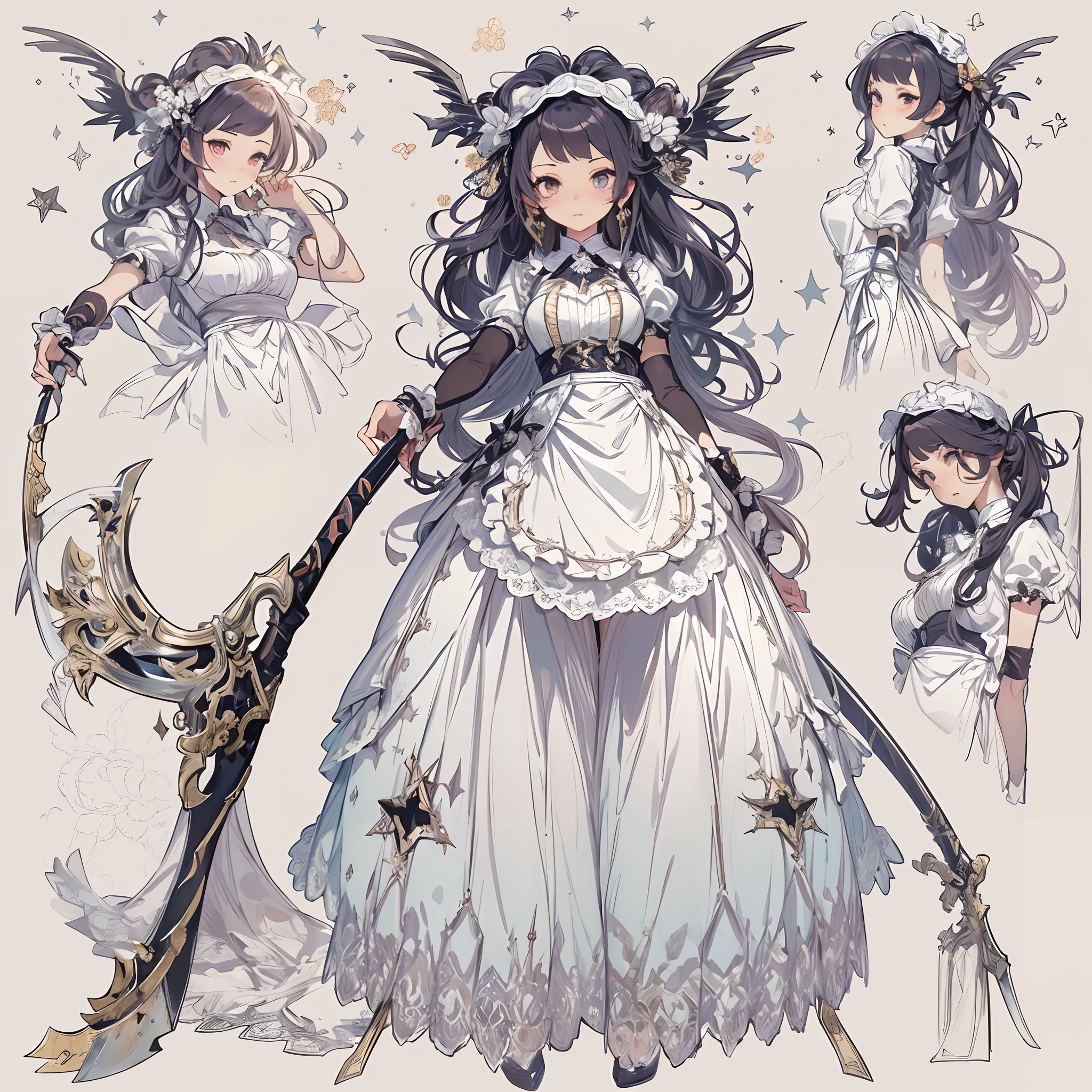 ((Masterpiece, Highest quality)), Detailed face, CharacterDesignSheet， full bodyesbian, Full of details, Multiple poses and expressions, Highly detailed, Depth, Many parts，Beautiful Maid，holding a scythe，shinigami，double-ponytail，estilo fantasia，Extremely beautiful，High Balance, Natural light, Lace，lacepantyhose，Sunny décor，Star decoration