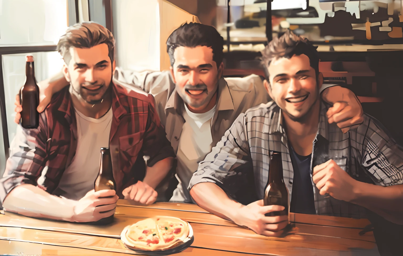 Three men sitting at a table with pizza and beer, Beer drinkers々, Laugh over a beer, Absolutely, shutterstock, commercial photo, on a dark background, professional photograpy, portrait shot, seasonal, rectangle, Drink at the bar, In the pub, amusing, photo - shot, Cute boys, Movie Still, still film, looking partly to the left