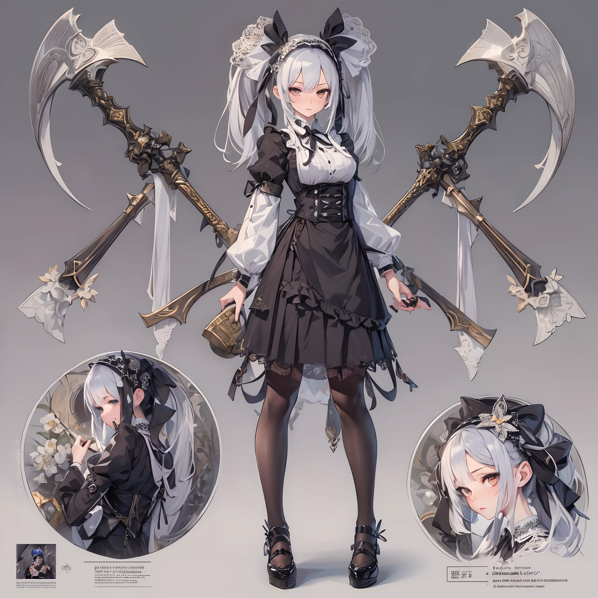 ((Masterpiece, Highest quality)), Detailed face, CharacterDesignSheet, full bodyesbian, Full of details, Multiple poses and expressions, Highly detailed, Depth, Many parts,Beautiful Maid,holding a scythe,shinigami,double-ponytail,estilo fantasia,Extremely beautiful,High Balance, Natural light, Lace,lacepantyhose,Sunny décor,Star decoration