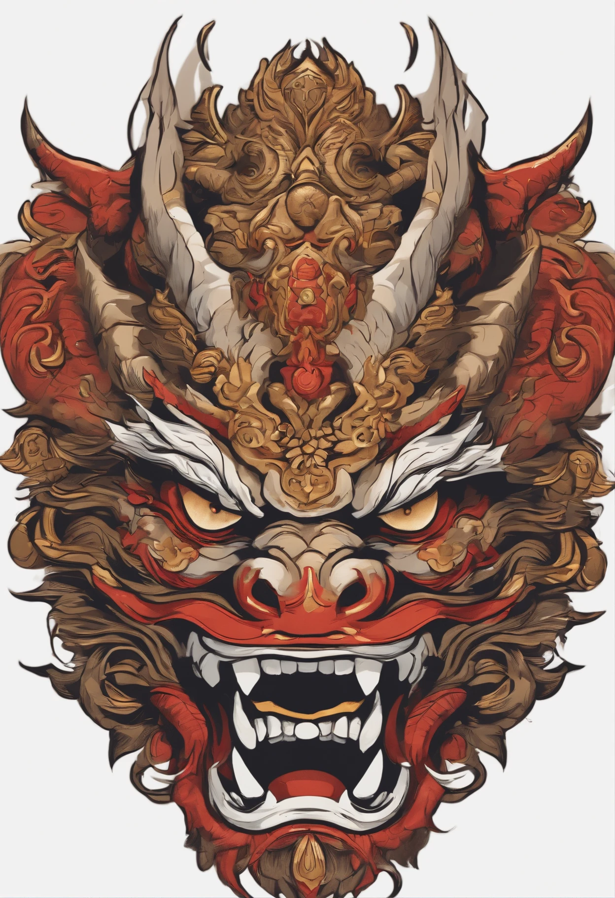 Sticker illustration on white background, dragon face, Goblin face, Qiu Tianwang face, Painting in the oriental style, Tengu Mask, Demon Samurai Mask, Asura in Chinese mythology, Bold contour style, Jagged edges, Front Painting, recycle bin,Simple illustration, Light Shading --V 5.2