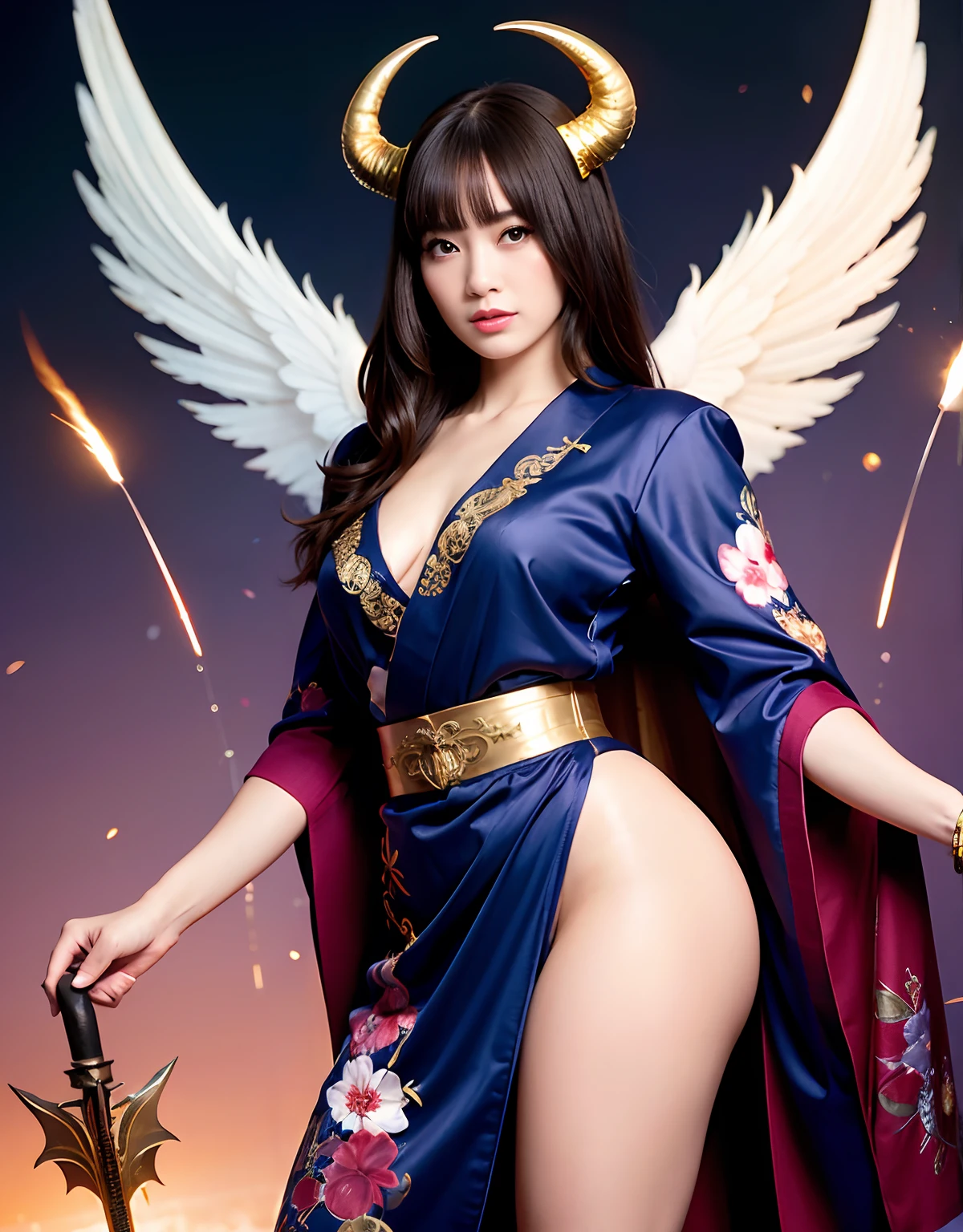 ((White ghost flies)),Professional , masterpiece、top-quality、photos realistic , depth of fields 、(Various poses)、(Background of cherry blossoms in full bloom),(Ultimate Beauty)、(A dark-haired)、(Fight ninjas)、Mystical expression、(Kimono with scary pattern)、(Night background)、Precipitous cliffs、((Devil's Wings Grow)),(Wear a kimono with a floral pattern),Armpit、(Wearing a colorful and beautiful kimono)、Jewel Gold Weapon、Particles of light),(Has a devil's mask)、Gorgeous gold weapons ,Skeleton population、(( Gorgeous Dragon Sword)) , (a dark night),,(White ghost flies) 、((Black Haired Beautiful Girl))、(Castle background)、(demonic wings)、((Gangle's forest background))、Beautiful Caucasian beauty、1a person、dynamic ungle,(((Two devil's horns on the head)))、Smaller head、Idle Smile、Thin and beautiful female hands、Mystical expression、Light Effects、intense fighting、Wind-effect、magic circles、With the legendary magic wand、Dragon's tail、