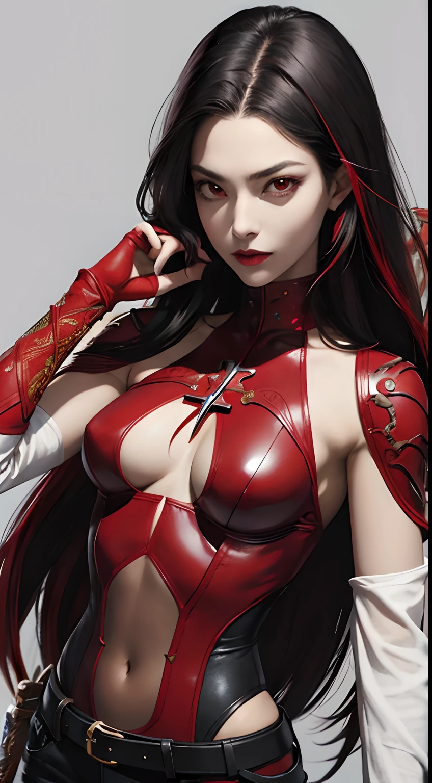 a cool,An 18-year-old woman,Long straight hair with red highlights on black hair,Red Eyes,sharp eye,Intricately decorated red leather bodysuit,,cross belt,Comical illustration,loimu,,(Effect Effects),Fantasia,Sword、A warrior、Fantastic background、Beautuful Women、Small breasts、Detailed expression of realistic skin texture、Facial expression close-up、