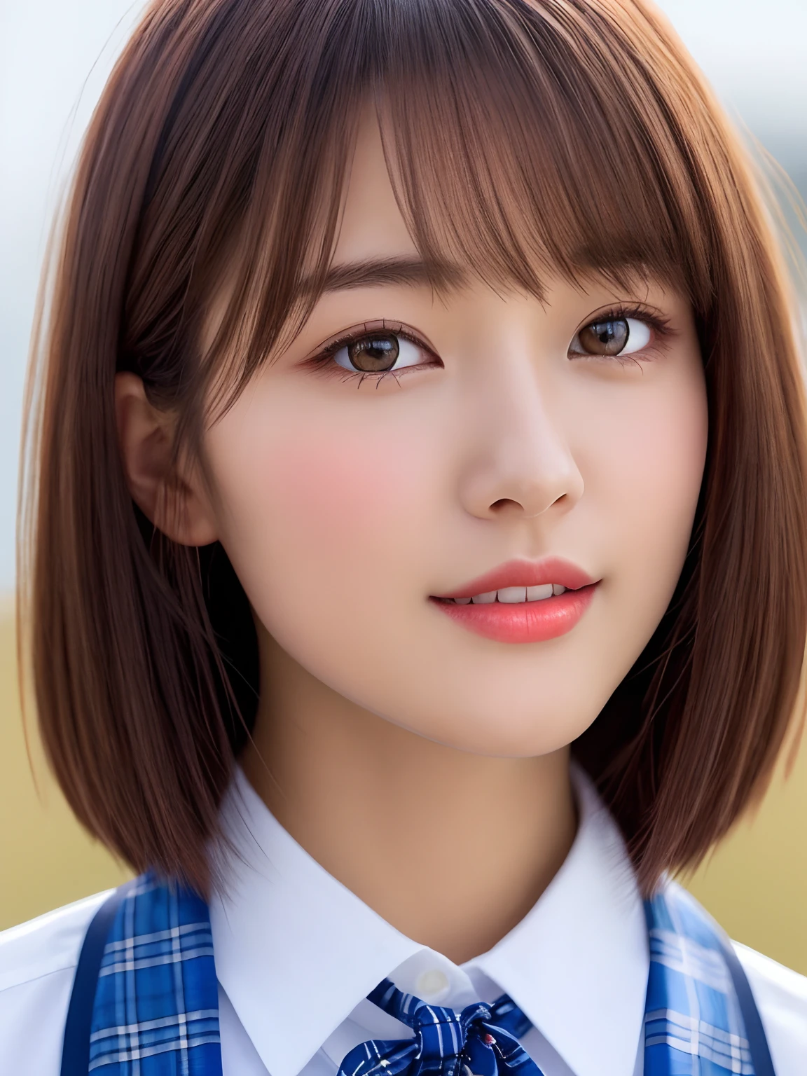 masterpiece、close up of face、front-facing view、a Japanese young pretty woman、(Bouncing cheerfully)、Gorgeous figure、Wearing a short-sleeved white collared shirt and a shiny red satin plain bow tie、Wearing a blue tartan plaid skirt、absolutely pretty face、shiny lip、Double eyelids in both eyes、Natural makeup、 long eyeslashes、shiny smooth light brown hair of medium length,、asymmetrical bangs、skin tanned、Alone in the classroom、、Headframe、image in center、8K分辨率、high detal、detailed hairstyle、A detailed face、spectacular movie lighting、octane renderings、with a vibrant、Ultra-realistic、Perfect limbs、perfect anatomia、short-hair、full body Esbian
