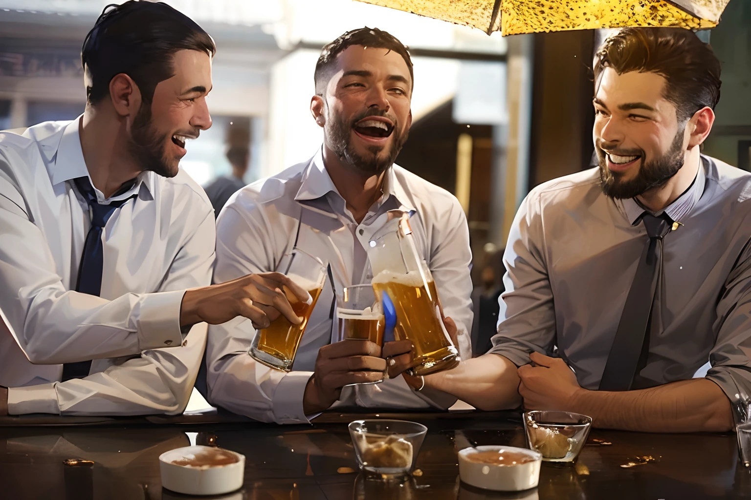 Three men are sitting in a bar with drinks and umbrellas, Laugh over a beer, Beer drinkers々, Drink at the bar, amusing, having a good time, everyone having fun, having a good time, Drinking beer, Man Drinking Beer, Cheerful atmosphere, at bar, candid shot, interesting angle, warm and joyful atmosphere, drinking beer