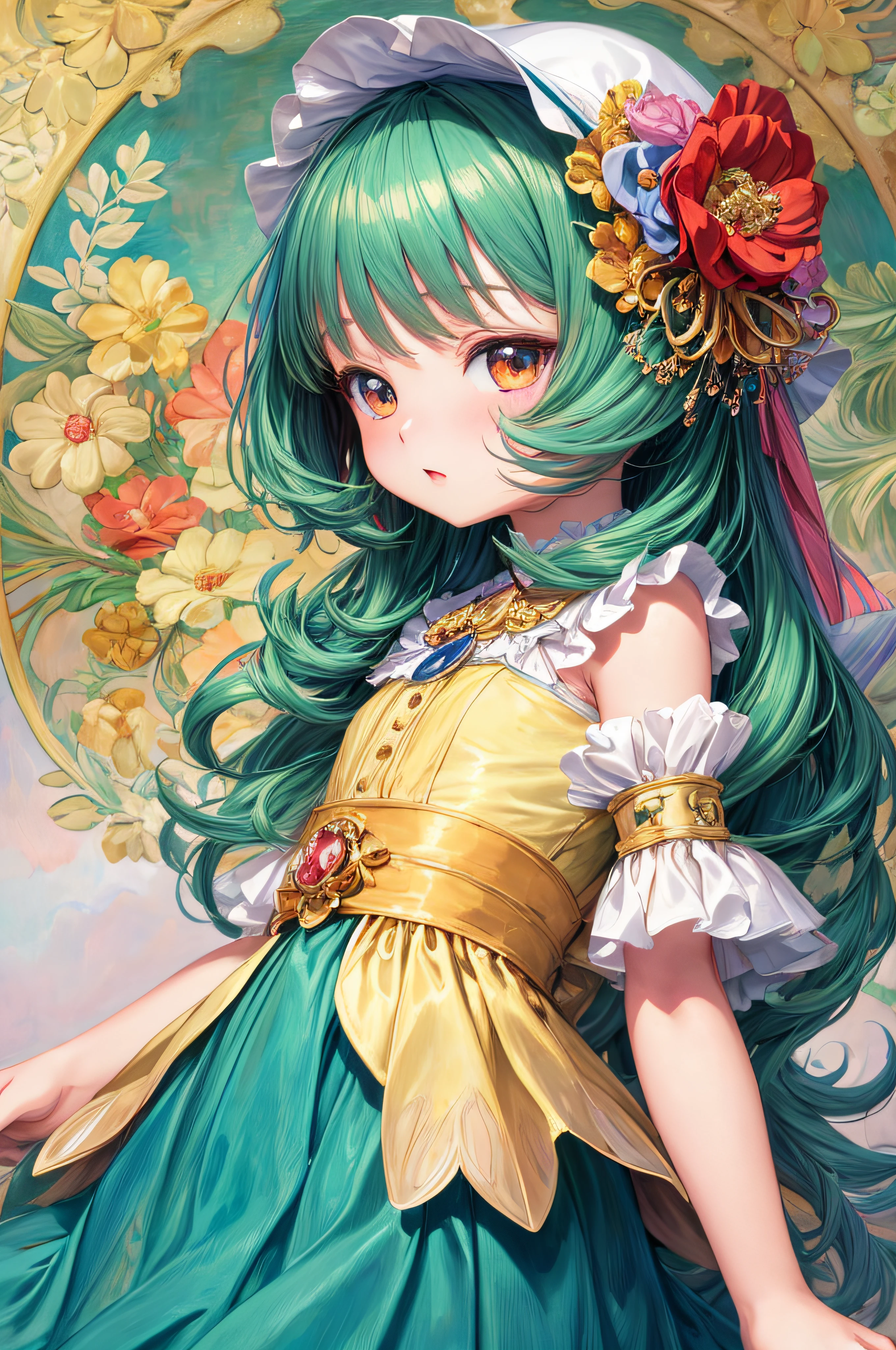 (masterpiece, best quality, ultra detailed:1.3), official art, anime style 4k
, ((loli little:1.5) anime girl), (solo, lustrous skin:1.1)
, soft lighting, ((colorful:1.1) (Mucha Monet:0.9) Fragonard background:1.1)
, detailed clothes, Krenz Kchart, (Vermeer:0.8), (Botticelli:0.7),