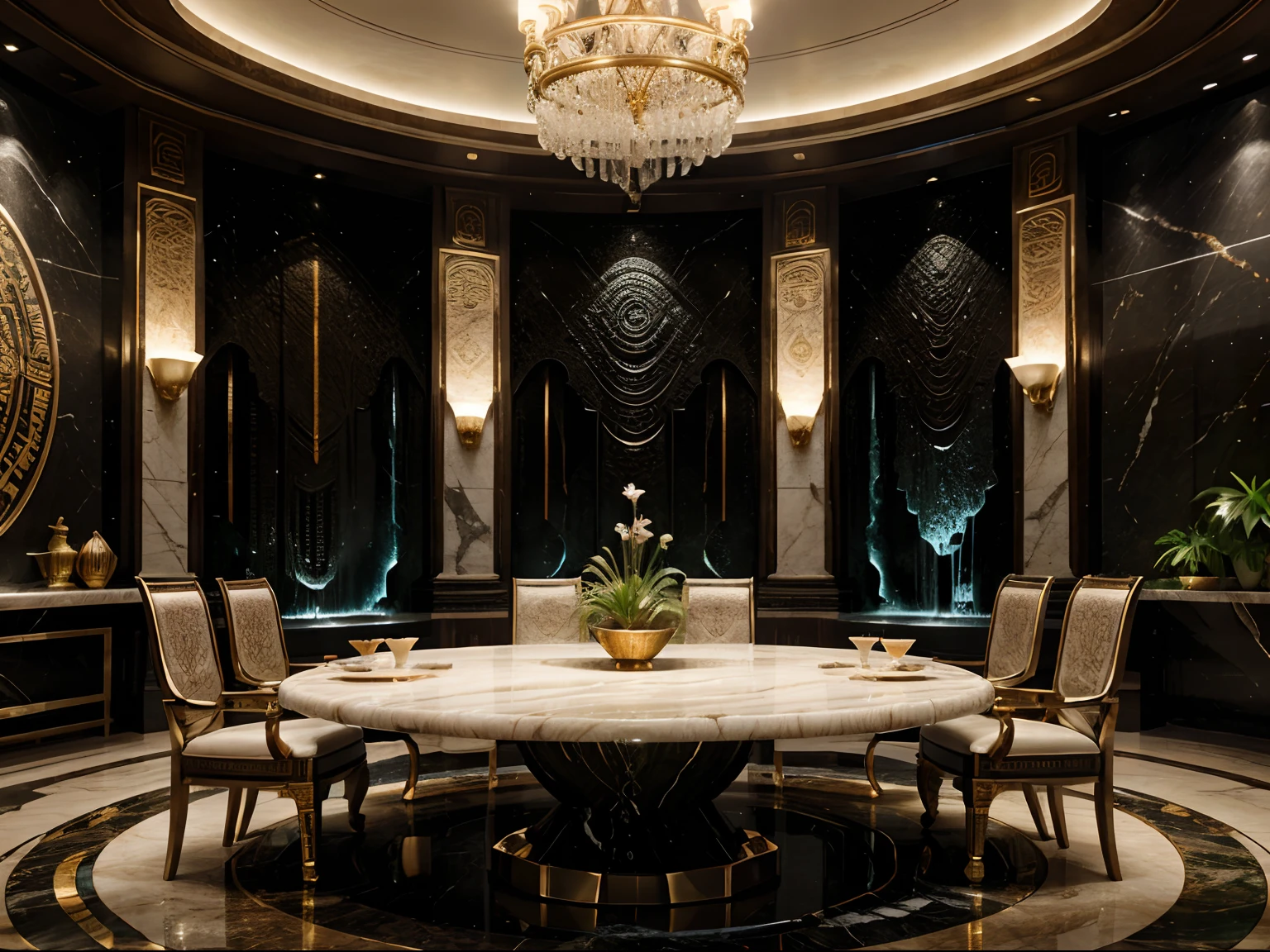 incredible luxurious futuristic interior dinning room in Ancient Islamic style with many ((lush plants)) (lotus flowers), ((palm trees)), rocky walls, (sand), ((amazing waterfalls)), (marble), ((precious minerals)), ((metals)), (gemstones), crystals, clouds and ((water)), futuristic luxury furniture, crocodiles, ((hieroglyphics)), (((ultra luxury))), (black marble) – with ((beautiful lights)), Unreal Engine, HQ, 16k