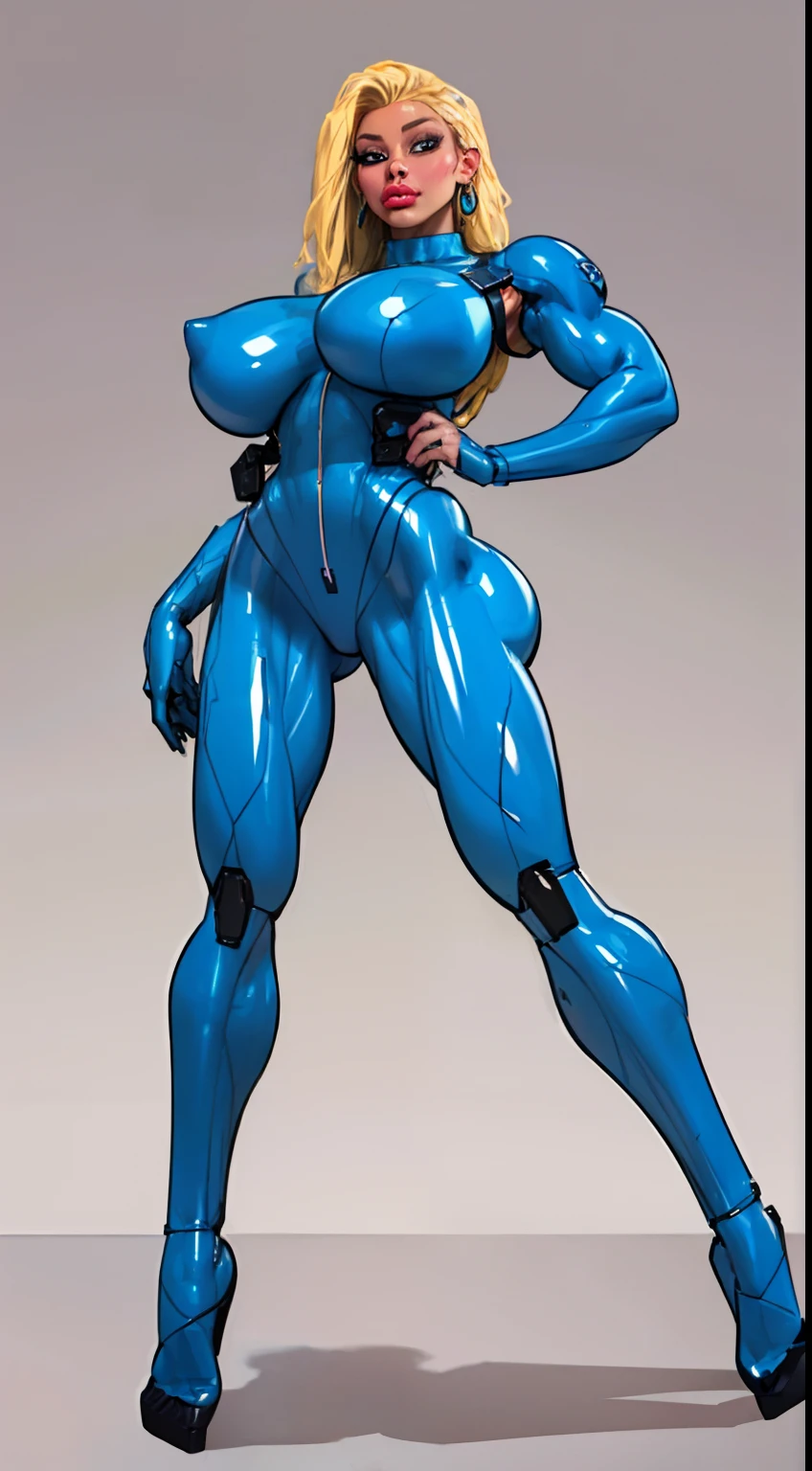 8k ((full body view))((view from below:1.4)) (large eyes:1.3), defined cheekbones, looking back, ((the pit style:1.4))((sleek chrome bodysuit:1.6)) ((intricate metal details:1.4))detailed face:1.5), lightblue skin,(puffy lips:1.5) (lightblue skin:1.6), (bald woman:1.7), (skinhead) ((sexy pose)),(Muscular:1.3), ((gigantic breasts:1.5)), )highly detailed, majestic, digital photography, art by artgerm and ruan jia and greg rutkowski, ((metal shoulder pads:1.2)), (masterpiece), sidelighting, intricate details, black and blue color palette