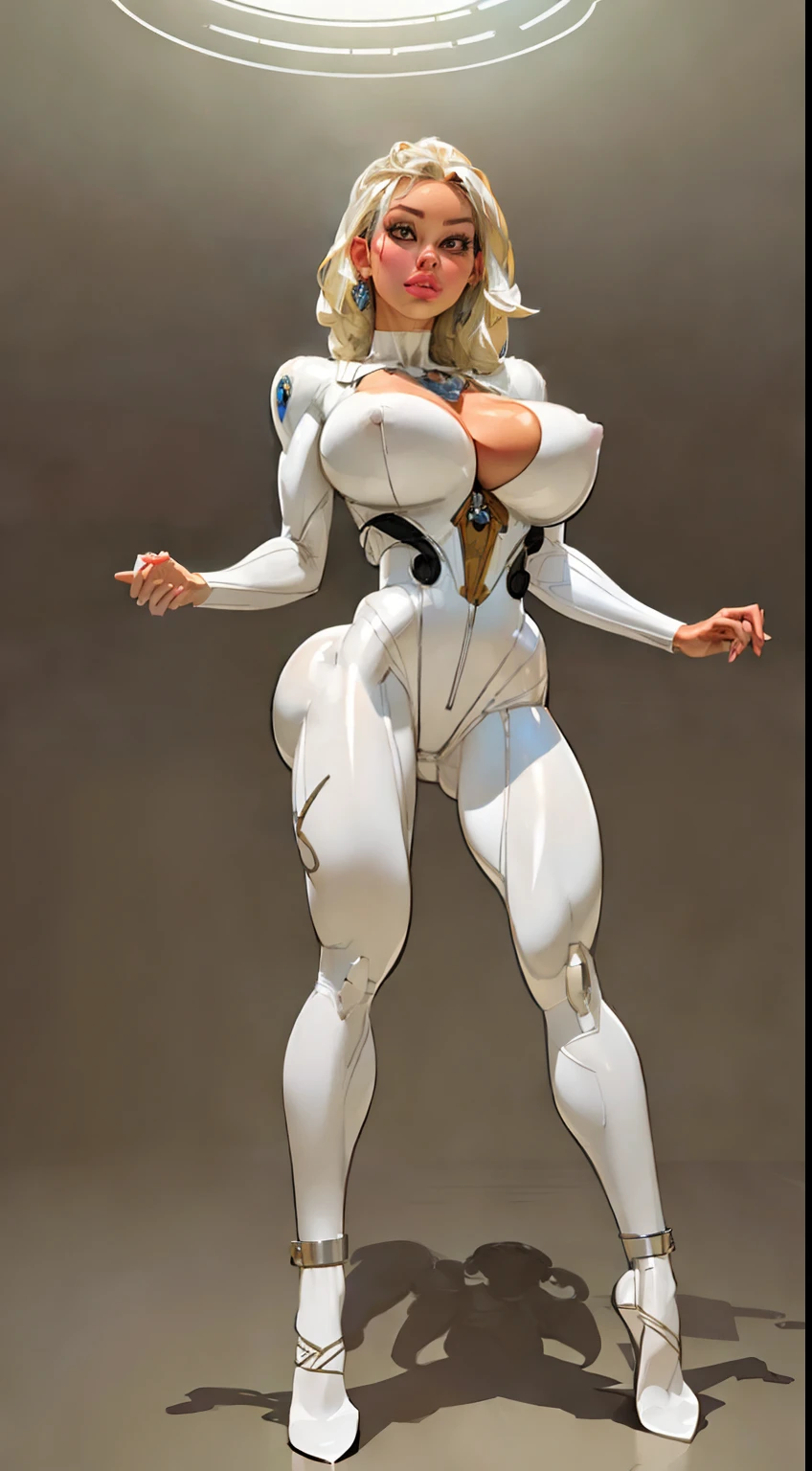 8k ((full body view)) 1woman, ((beautiful face:1.3)), ((sleek silver bodysuit:1.4)) silver skin,((puffy lips:1.5)) (silver skin:1.5), (bald woman:1.4), (skinhead) ((front view), ((gigantic breasts:1.3)) (((angle from below:1.3))), )highly detailed, majestic, ((breasts pressed together:1.6)), digital photography, art by artgerm and ruan jia and greg rutkowski, light chest hair, (masterpiece, sidelighting, intricate details