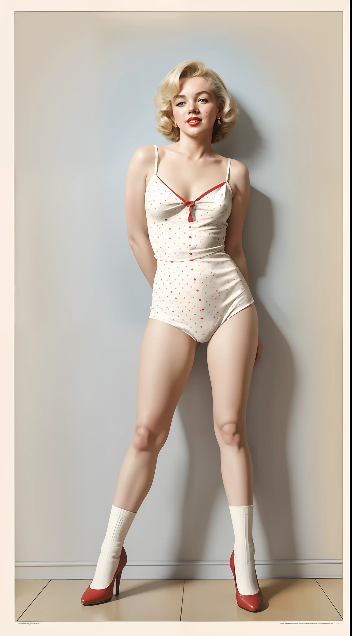 1950s Watercolor, Pen and Ink, 25 yo Marilyn Monroe in retro fashion, pin-up style, full body shot, depiction of rural life, light gray and light brown and red and white and blue, in the style of classical Americana, mottled, playful innocence, dotted, cutout from white background, in the style of Norman Rockwell, masterpiece art work,