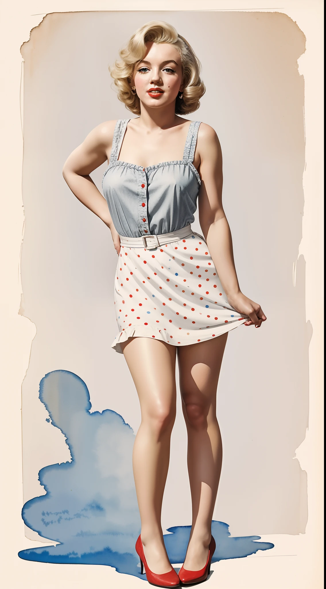 minimalist, 1970s Watercolor, Pen and Ink, a 25 years old Marilyn Monroe in retro fashion, pin-up style, full body, depiction of rural life, light gray and light brown and red and white and blue, in the style of classical Americana, mottled, playful innocence, white dotted, cutout from white background, in the style of Norman Rockwell, masterpiece art work.