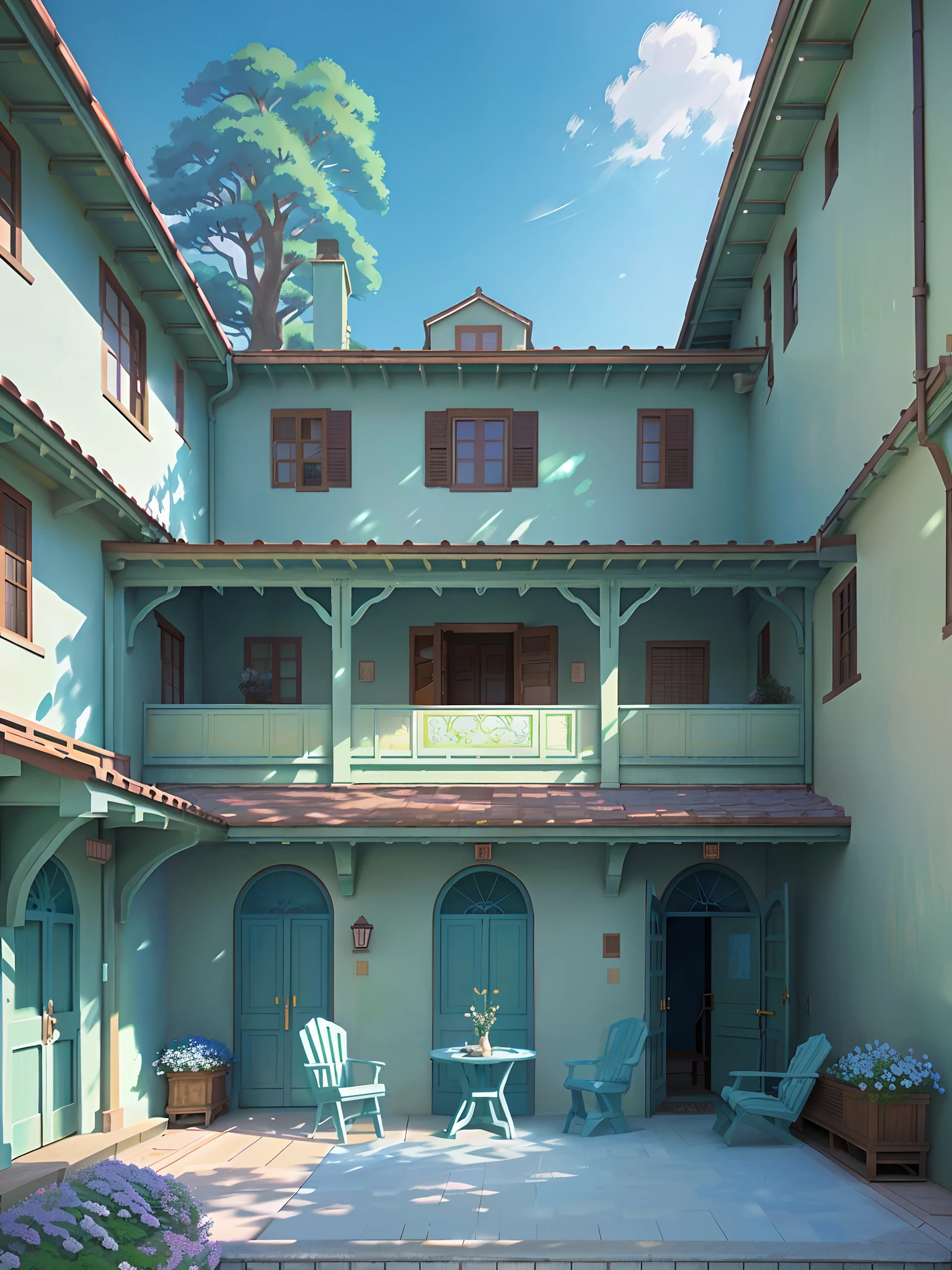 painting of a courtyard with a table and chairs and a bench, anime background art, relaxing concept art, anime scenery concept art, immensely detailed scene, a beautiful artwork illustration, detailed scenery —width 672, studio ghibli environment, highly detailed scene, environment design illustration, beautiful anime scene, ghibli studio style, anime scenery, detailed soft painting, environment painting