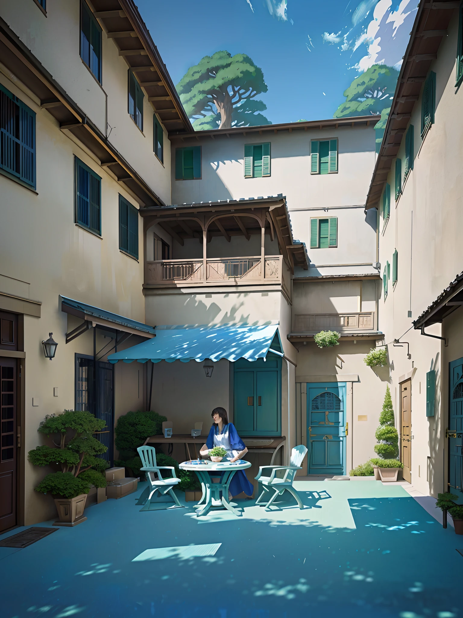 painting of a courtyard with a table and chairs and a bench, anime background art, relaxing concept art, anime scenery concept art, immensely detailed scene, a beautiful artwork illustration, detailed scenery —width 672, studio ghibli environment, highly detailed scene, environment design illustration, beautiful anime scene, ghibli studio style, anime scenery, detailed soft painting, environment painting