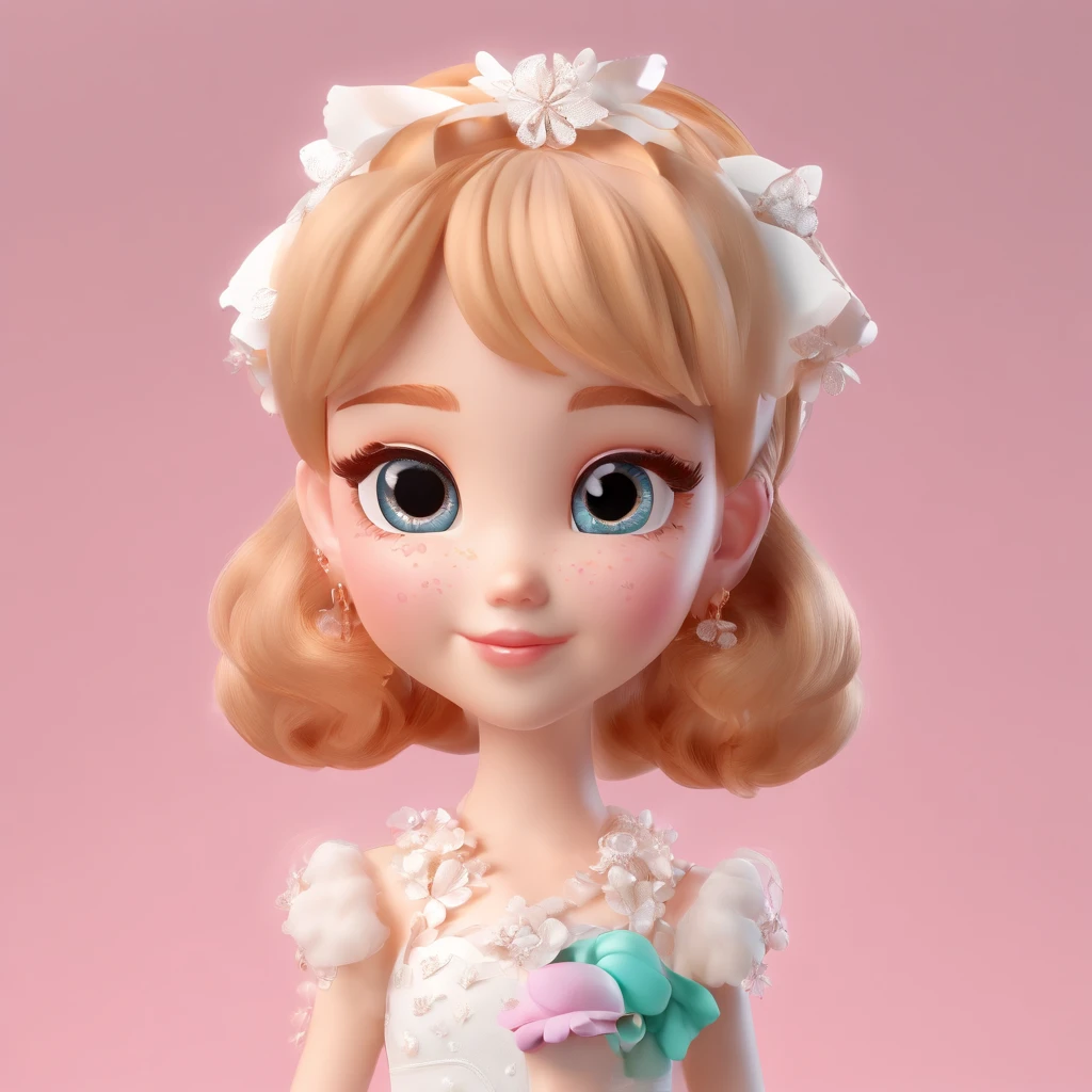 Super Cute Girl IP by Pop Mart, Bright eyes, Cherub,Little white dress, Barbie doll, modeled, blind box toy, Glossy and delicate,clean back ground, Good luster, 3D rendering of a,Best Quality