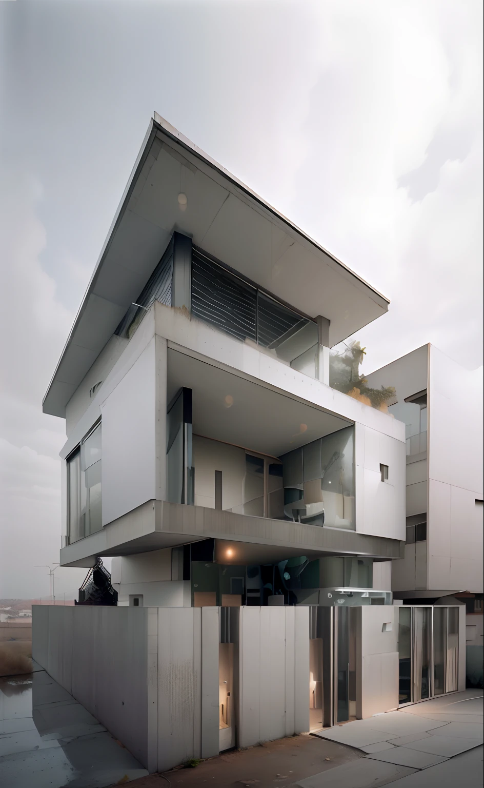 Bauhaus style house, glass and concrete house with a sloping roof, modern, dynamic (RAW photo, real, best quality, masterpiece:1.2), (hyper realistic, photo-realistic:1.2), high quality, (dark lighting:1.2), perfect lighting, archdaily