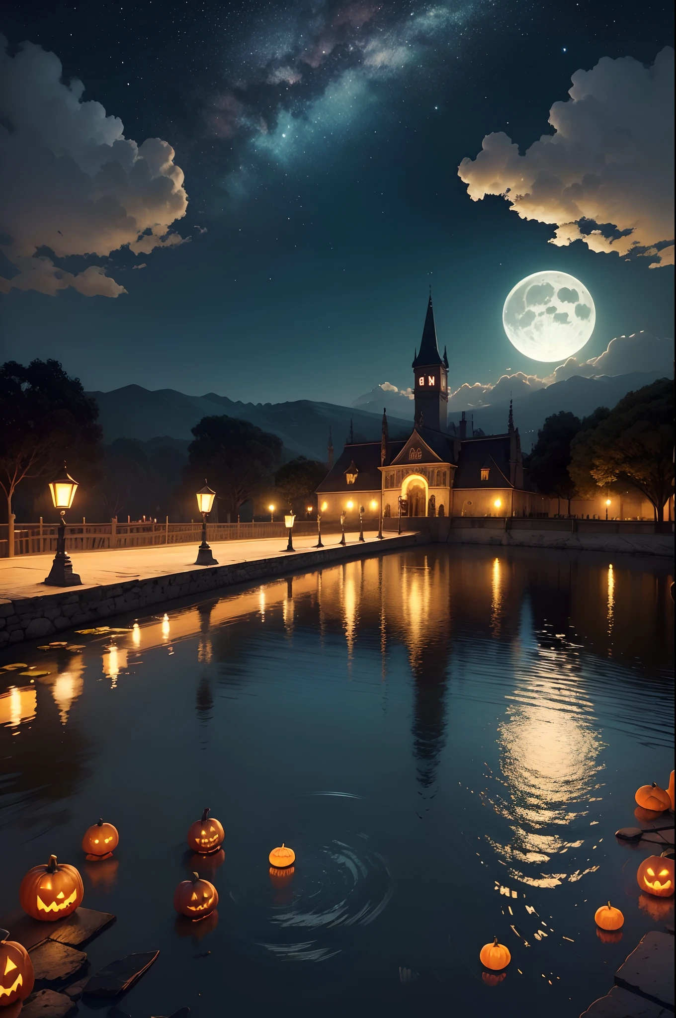 Floating lights of All Hallows' Eve, Cinematic light and reflection, Luces brillantes, Elementos intermedios del metaverso,Pintura digital, reflejos brillantes, Pensyo, Linterna flotante, Noche tranquila, Digital illustration, hermoso ambiente, Claraboya por la noche, Ambiente tranquilo por la noche, Linterna flotante, halloween, la noche, La Luna, La escena del juego, halloween, Rodeado de nubes, Otoko Hall々y, baldosas esmaltadas, Europa, Gorgeous colors, Hay tres arcos en primer plano((tinta de color)), ( (salpicaduras de tinta ) ), ((salpicaduras de tinta) manchado de tinta})), tmasterpiece, alta quaridad, Beautiful graphics, Alto detalle