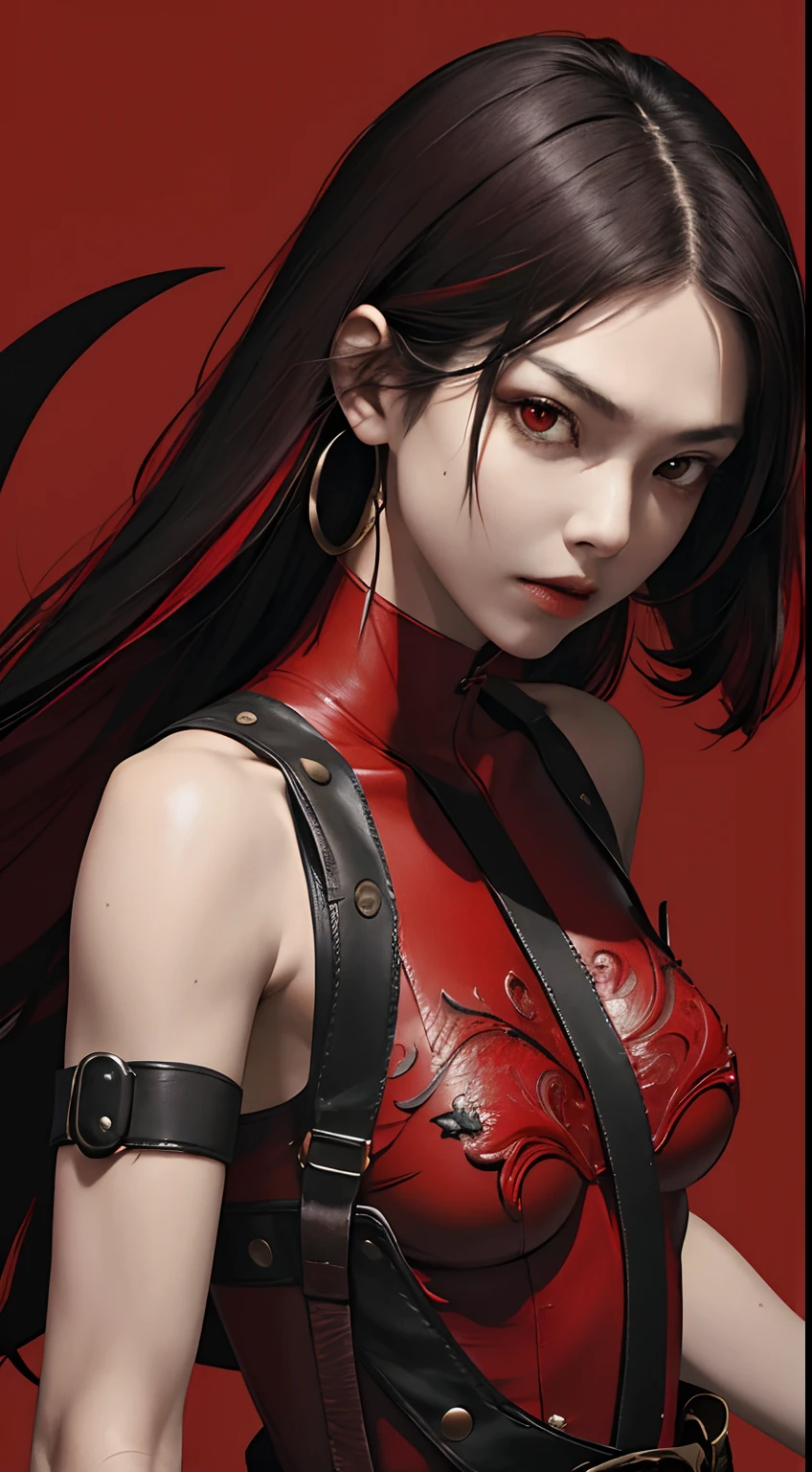 （hiquality、）、a cool，An 18-year-old woman，Long straight hair with red highlights on black hair，Red Eyes，sharp eye，Intricately decorated red leather bodysuit，cross belt，Comical illustration，Fantasia，Sword、A warrior、Fantastic background、Beautuful Women、Small breasts、Detailed expression of realistic skin texture、busy、Facial expression close-up、Combat stance、buttle、Martial artist