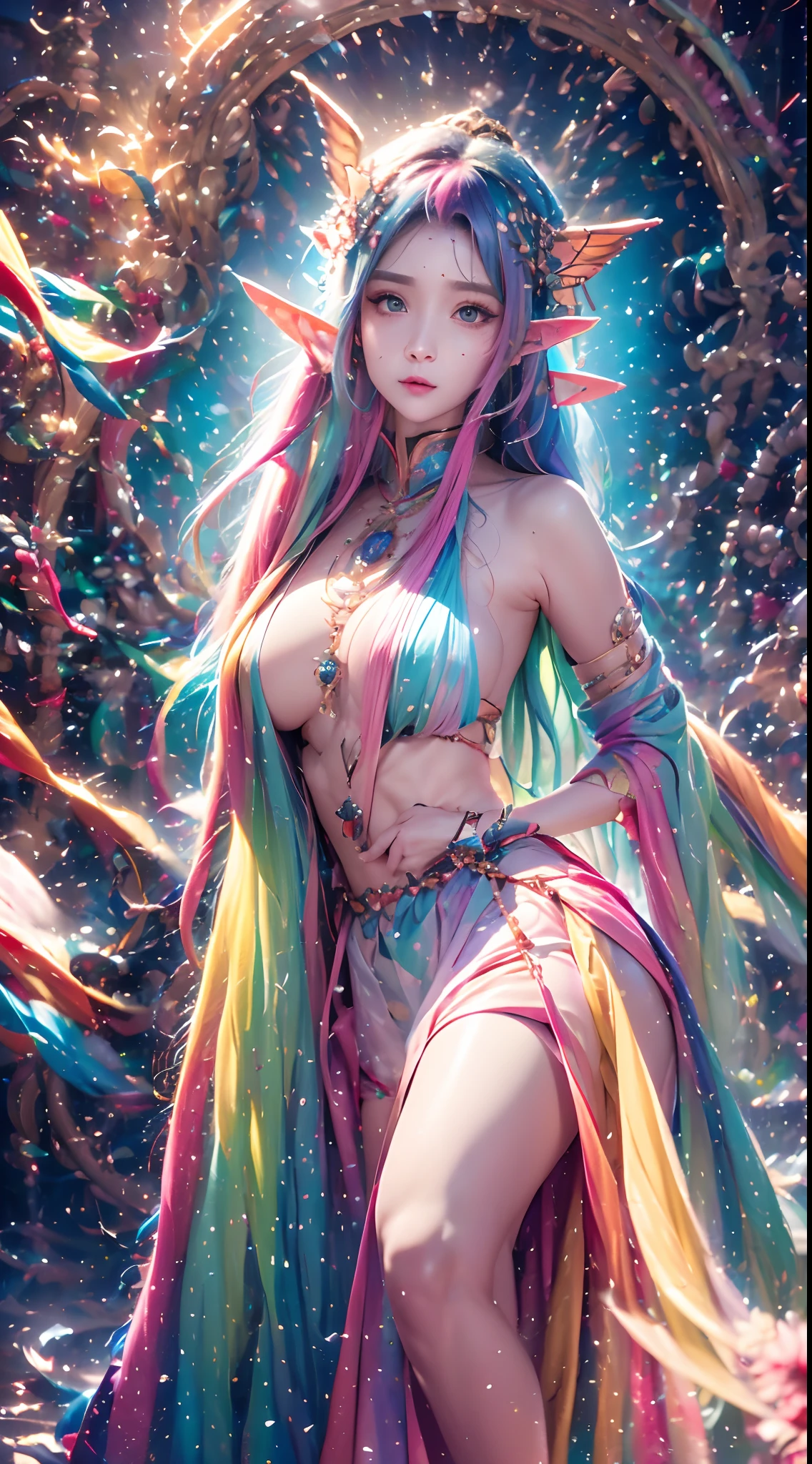 ( Absurd, High quality, Ultra-detailed, Masterpiece, concept-art, smooth, high detail artwork, Hyper-realistic painting , high resolution, paint splatter, colored splashing, Splash of Ink, colored splashing), (( Rainbow hair)),elf, Plum elf, plum , Transparent fairy wings, wearing only his underwear，huge tit，low chest，fairytale-like, Romantic, Vivid, Whole body,hand behind back，Malu，largeeyes，（Eye focus），Cosmic eyes，Space eyes，looking to the camera，In nature with waterfalls，PureErosFace_V1，Urzang-6500-V1 Edition.1，