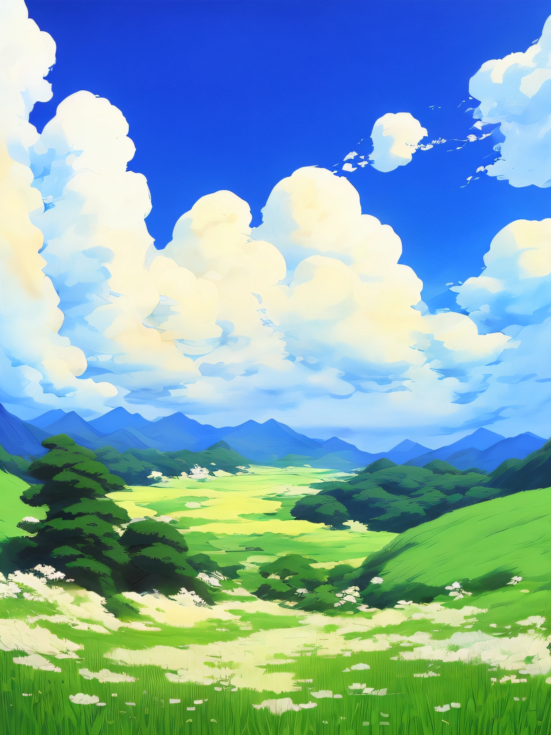 Realistic, authentic, beautiful and amazing landscape oil painting Studio Ghibli Hayao Miyazaki's petal grassland with blue sky and white clouds --v6