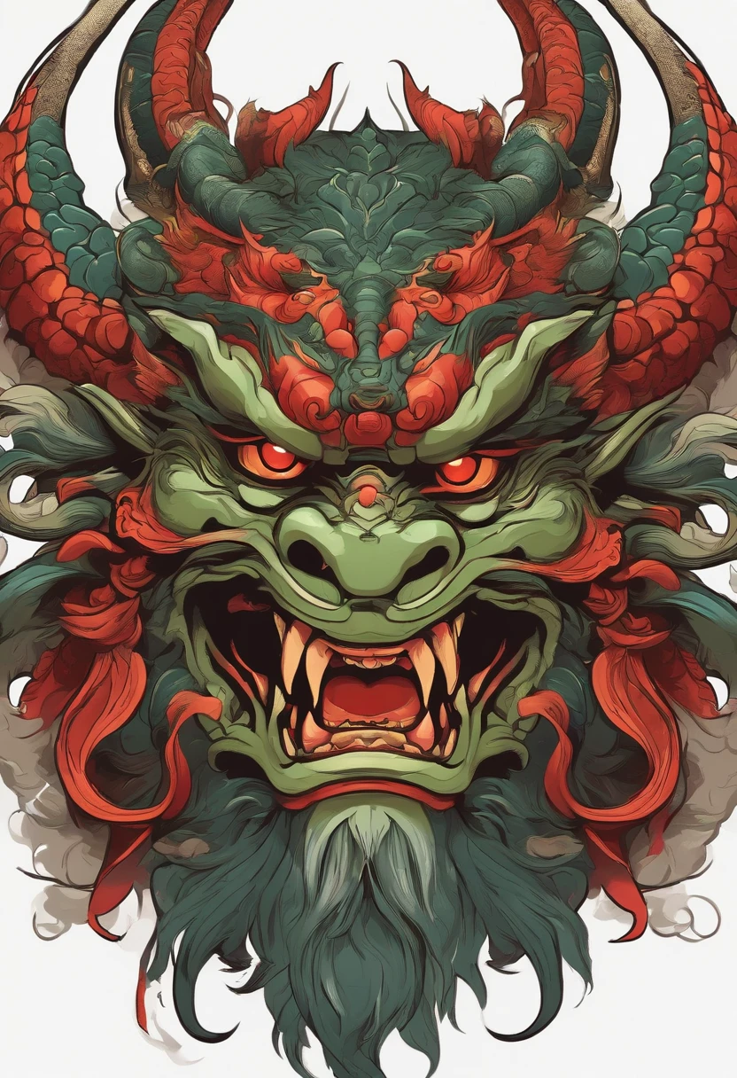 dragon face, Goblin Face, Qiu Tianwang Face, Painting in the oriental style, Tengu Mask, Demon Samurai Mask, Asura in Chinese mythology, Bold contour style, simple illustration, Sticker illustration on white background, Light Shading --V 5.2