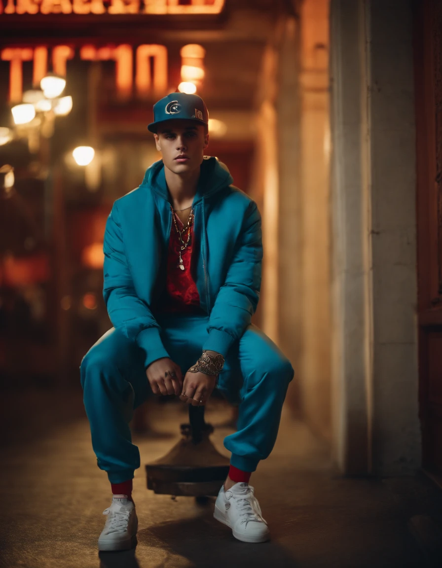 Fashion photography, Justin Bieber character, cool, full body view, street style, direct eye shadow, bright eyes, contrasting patterned background, bright colors, hiphop clothes, head close-up, oscillating depth of field, ethereal lighting, backlighting, holga medium format camera