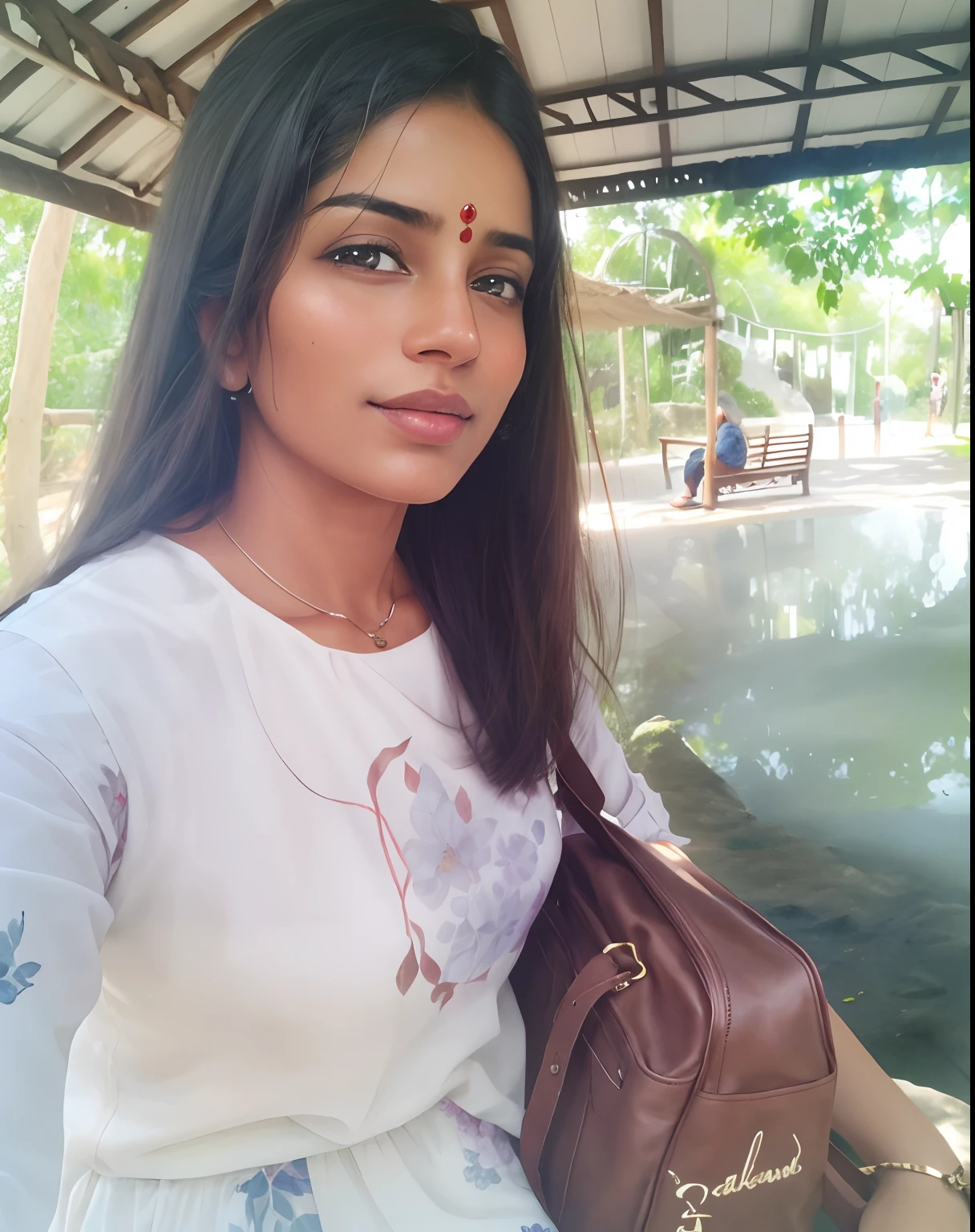 woman with realistic face, a white shirt and a brown bag sitting in a park, 30 years old woman, 3 0 years old woman, assamese aesthetic, connected with hanging bridge!!, indian girl with brown skin, with kerala motifs, with lovely look, taken in zoo, at a park, real picture taken in zoo, in a park, candid picture, ultra realistic