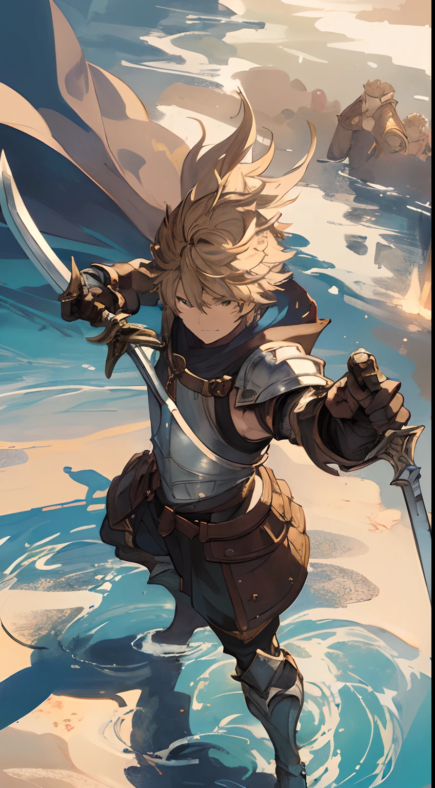 (masterpiece、top-quality、hightquality)、(One man)、ember, 独奏、short-haired、Men in armor、Holding a sword in both hands、Sword、dynamic ungle、Whole body、(GRANBLUE FANTASY)