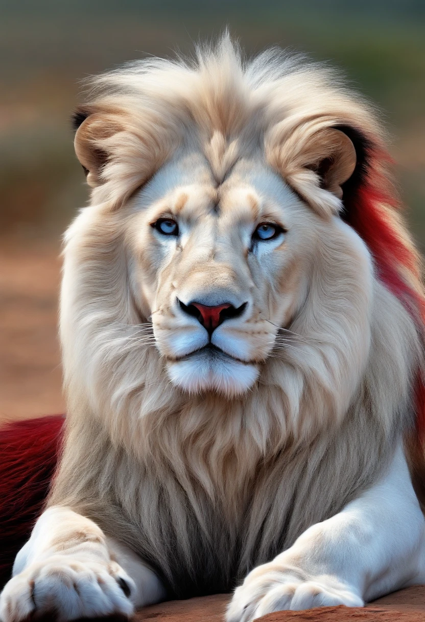 Fierce white lion with red and blue mane,vector,masterpiece
