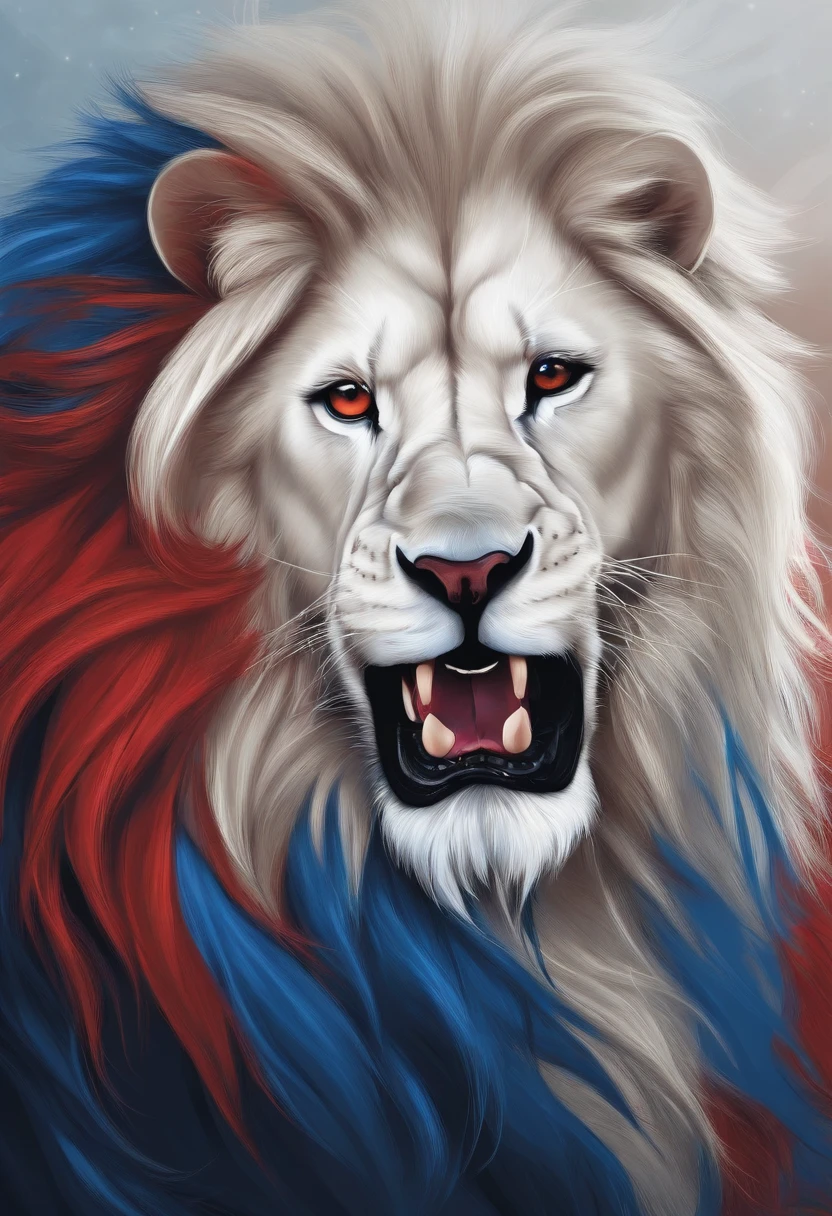 Fierce white lion with red and blue mane,vector,masterpiece