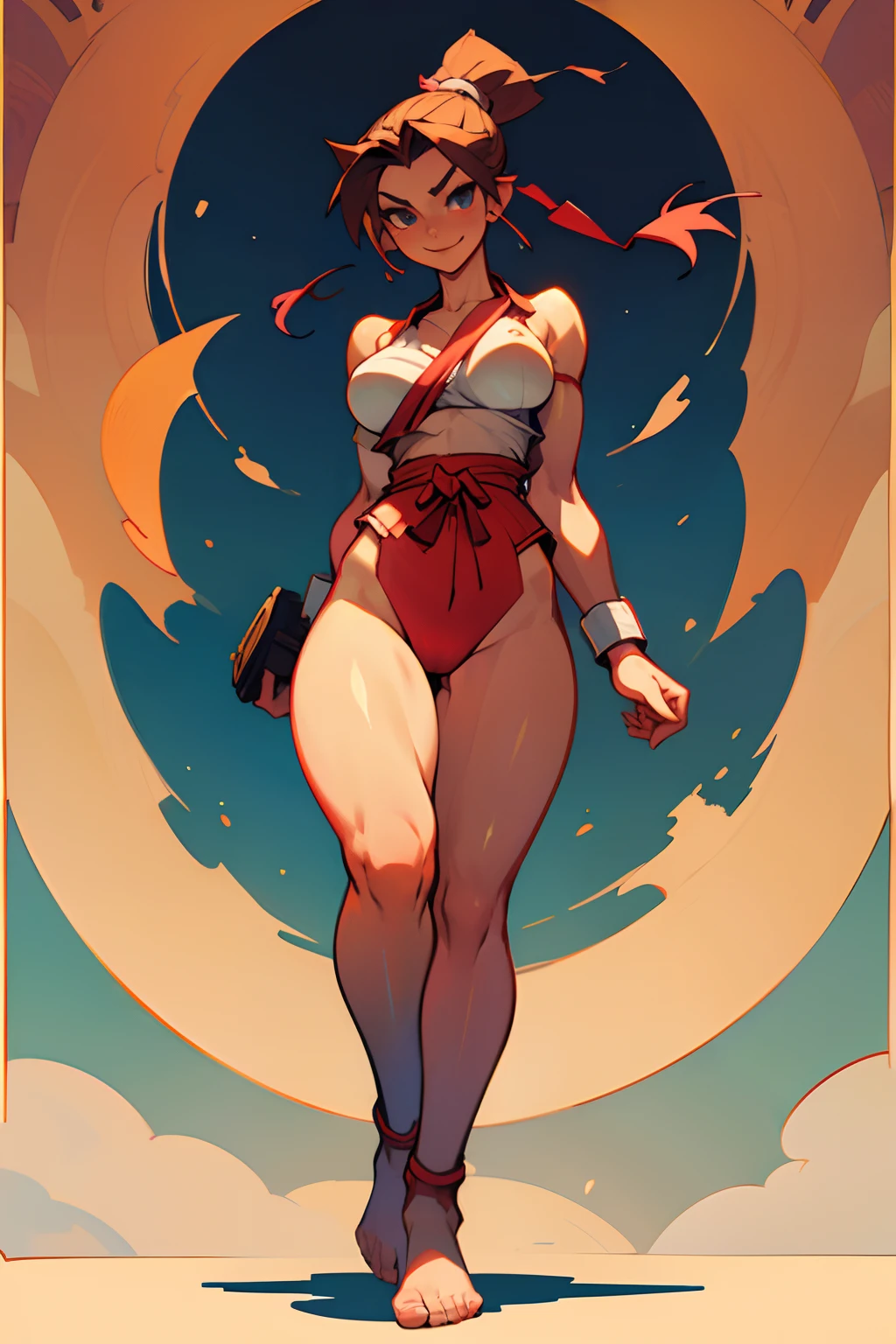 full body view Mai Shiranui (capcom, snk, street fighter), (Capcom vs SNK), (masterpiece), fit body, sexy smile, smirk, big breasts, perky breasts, hard nipples, nipslip, nip.slip, visible areolas, visible nipples, cleavage, thick thighs, thigh gap, cameltoe, visible crotch, upskirt, no shoes, bare feet, naked feet, pretty feet, beautiful feet, perfect feet, beautiful toes, ponytail, standing daring you to come closer,