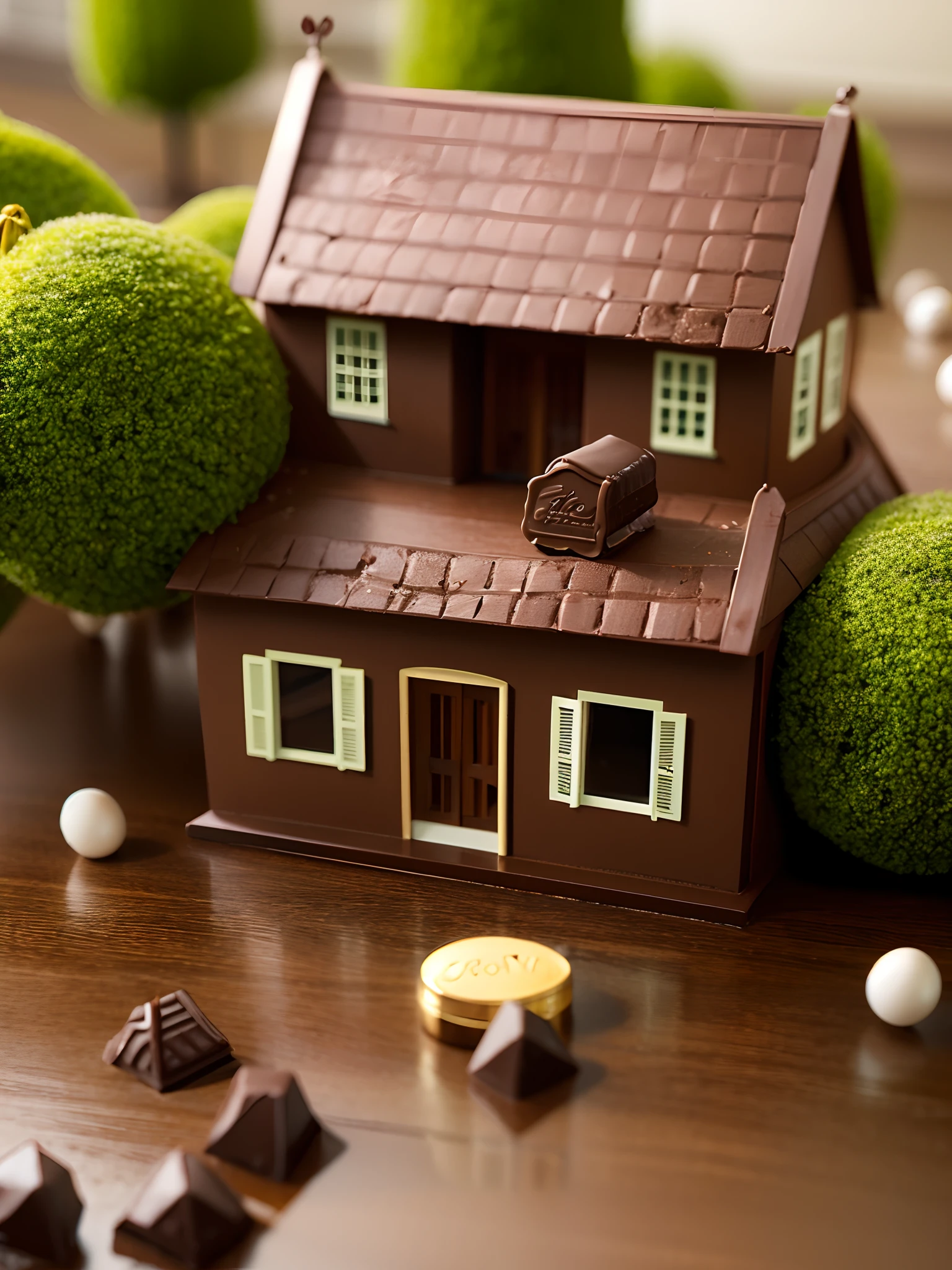 Chocolate house and chacolate trees and chocolate background and chacolate cat