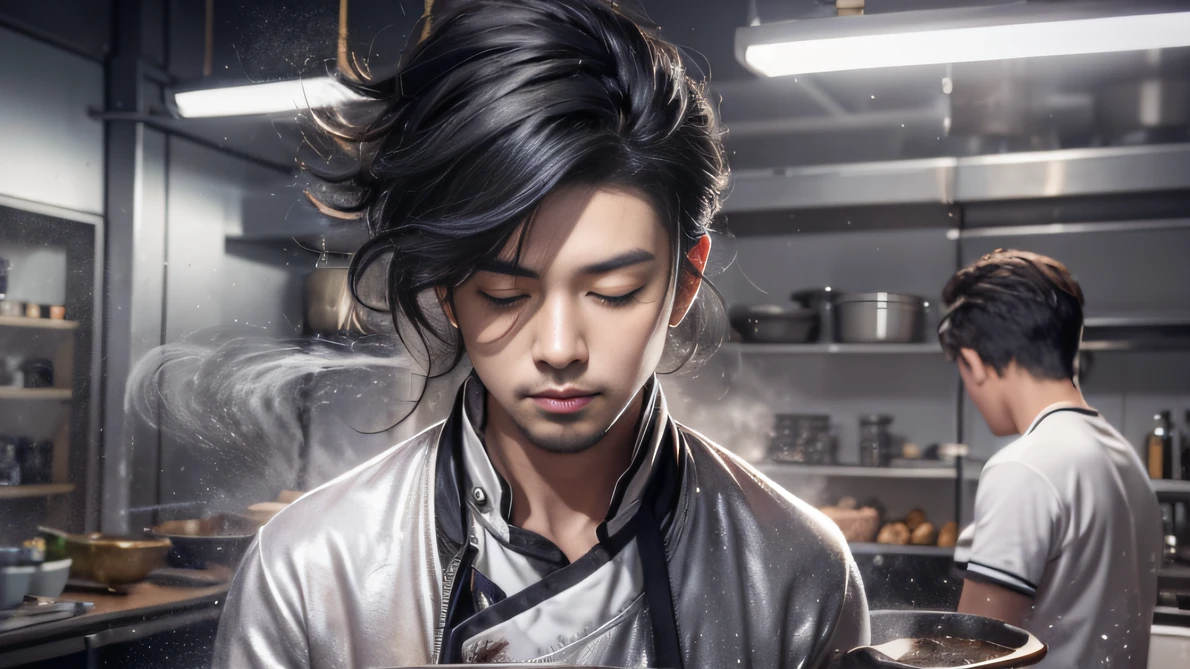 Full body male chef 32K(tmasterpiece,k hd,hyper HD,32K)Long flowing black hair,backrooms,zydink, a color, patriot (Silly man), (Gold scarf), Combat posture, looking at the ground, Linen bandana, Chinese python pattern long-sleeved garment, (Abstract gouache splash:1.2), Dark clouds lightning background,Flour flies(realisticlying:1.4),Black color hair,Flour fluttering,Background fog, A high resolution, the detail, RAW photogr, Sharp Re, Nikon D850 Film Stock Photo by Jefferies Lee 4 Kodak Portra 400 Camera F1.6 shots, Rich colors, ultra-realistic vivid textures, Dramatic lighting, Unreal Engine Art Station Trend, cinestir 800,Flowing black hair,(((Male chef)))With his eyes closed