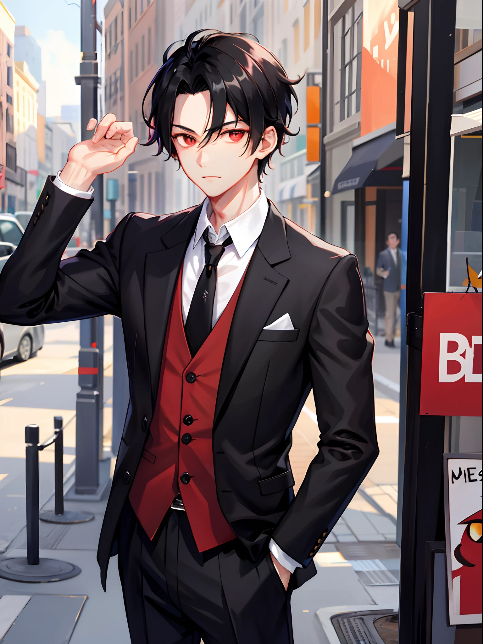 1 boy, handsome boy, black hair, comma hair, forehead comma hair, street style,, shiny, Red eyes, looking at viewer, upper body, suit and tie, casual