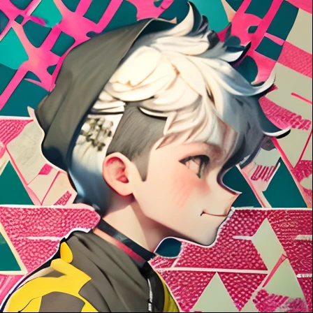 ultra-quality, ( ultra detailed original illustration), ((Chibi Mode)),( Happy look of a boy, Red Eye, Short hair, White hair, Sunny Smile, Upper body, Perfect body), ((street wear,Parker Fashion)), ((cherry blossom)(Graffiti)), double exposure, fussion of fluid abstract art, glitched, ( 2D), ( original illustration composition), ( fusion of limited color, maximalism artstyle, geometric artstyle, fire, junk art), Yellow theme, Background black, ultra-quality, ( ultra detailed original illustration), ((Chibi Mode)),( Happy look of a boy, Red Eye, Short hair, White hair, Sunny Smile, Upper body, Perfect body), ((street wear,Parker Fashion)), ((cherry blossom)(Graffiti)), double exposure, fussion of fluid abstract art, glitched, ( 2D), ( original illustration composition), ( fusion of limited color, maximalism artstyle, geometric artstyle, fire, junk art), Yellow theme, Background black, 1 boy,star-shaped pupils,Fingernails,White hair,Purple eyes,(blush:1.1),Choker,Upper body,trembling,sideways Facing,kirakira,(SPEEDLINE:1.1), Black hoodie,Handsome man in profile,Color to lineart