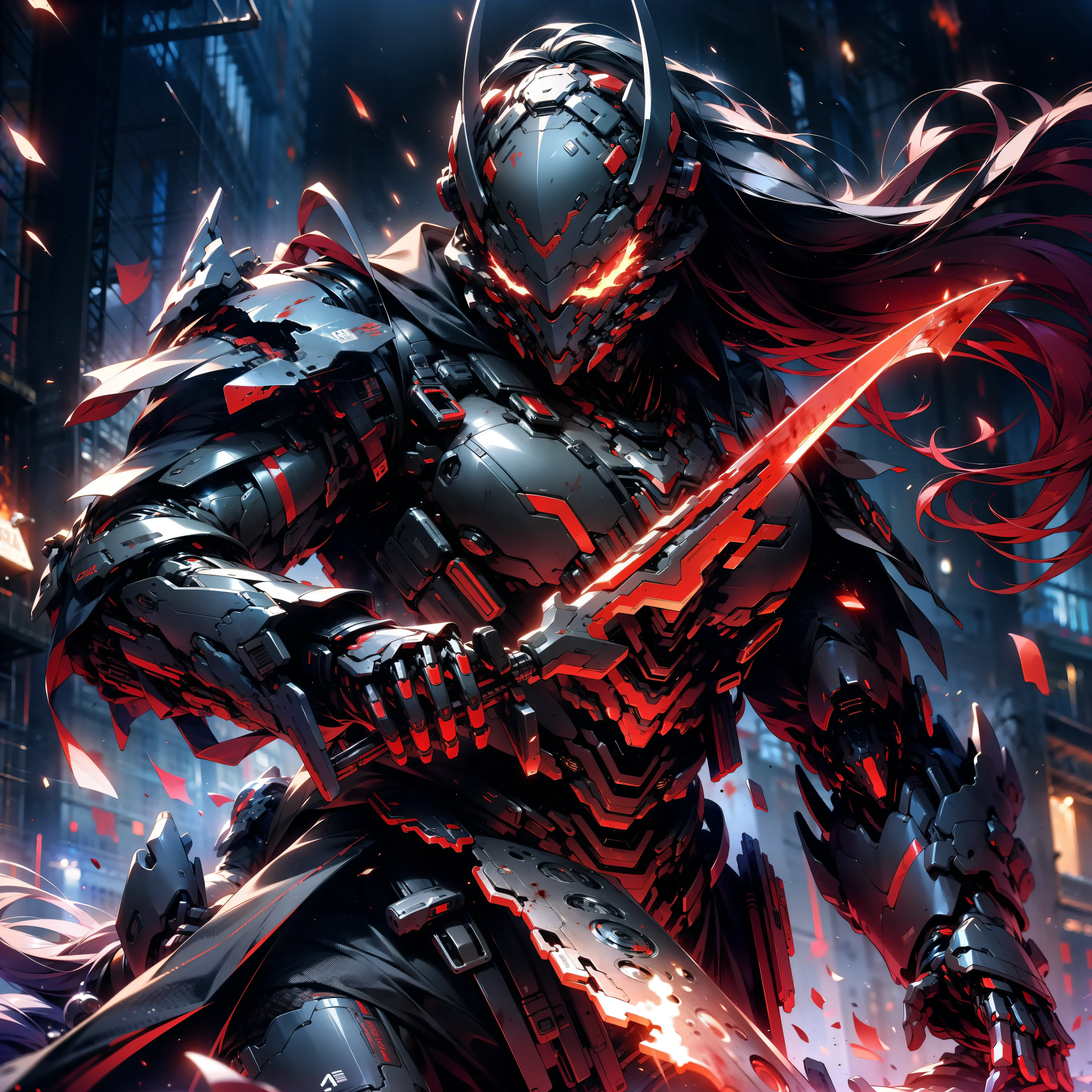 （Very detailed 8k wallpapers），The horror covered in blood（undead knight）photo from the side （Hyper-detailing），Kamen Rider，Burning eyes，（Put on the flame armor），（Semi-mechanized），（Mechanical skeleton），Mechanical details：1.2，Carry a sickle，uncanny，The dark world，Dark series