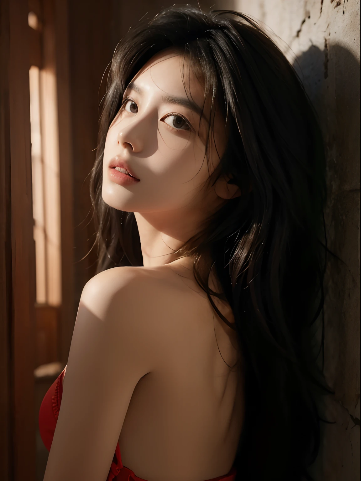 Chiaroscuro, Cinematic lighting, A high resolution, Best quality, 4K, High quality, High details, Super detail, Masterpiece,youthfulness,tall nose bridge,Raised sexy,longblackhair,Girl,adolable,Big breasts,leaning back against the wall