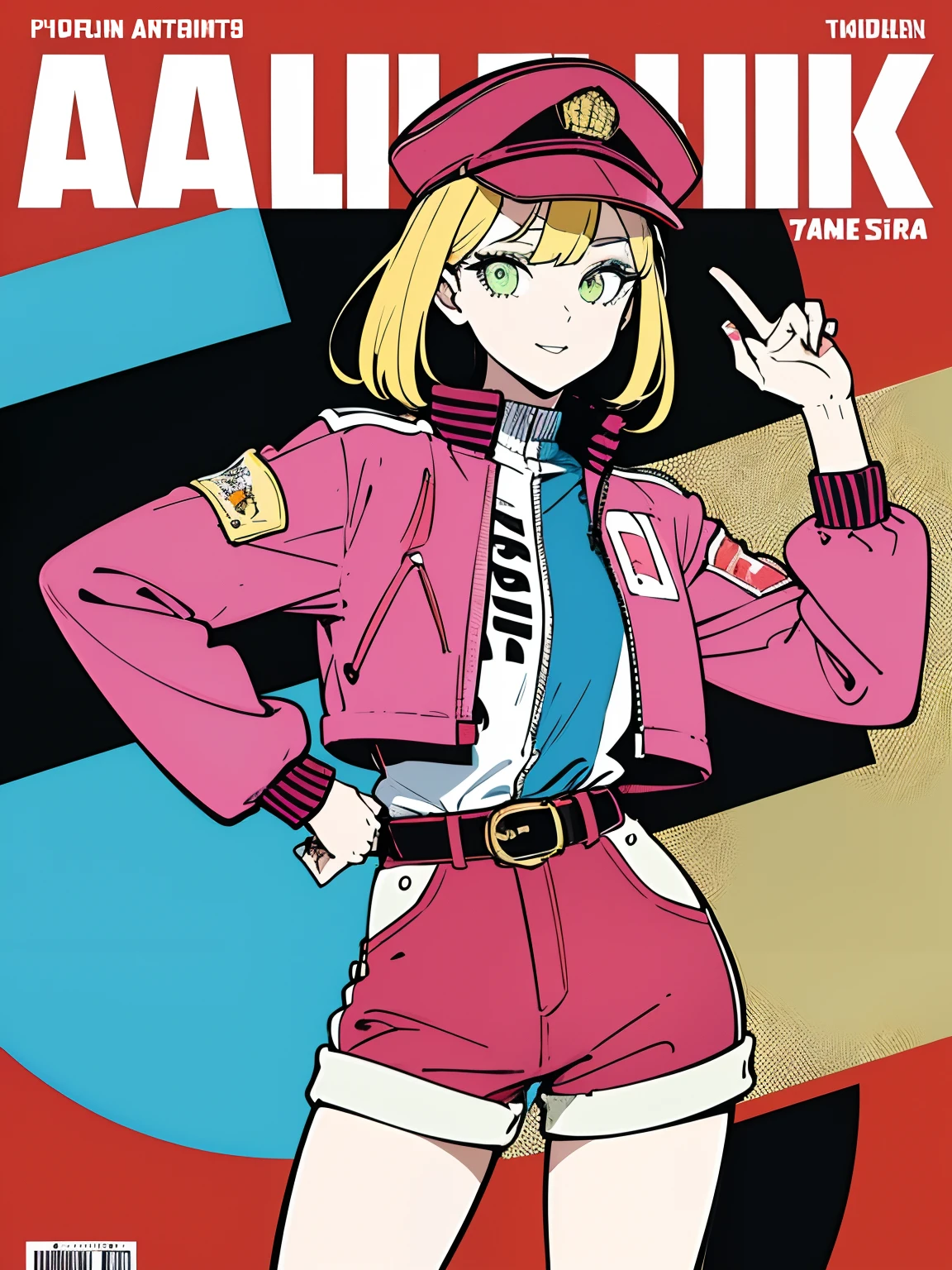 1girl, sfw, cap, shorts, jacket, (Magazine cover-style illustration of a fashionable woman in vibrant outfit posing in front of a colorful and dynamic background. She has a confident expression and is striking a pose. The text on the cover should be bold and attention-grabbing, with the title of the magazine and a catchy headline. The overall style should be modern and trendy, with a focus on fashion and lifestyle), wallpaper, crowds, fashion, contrapposto, female focus, model, cool