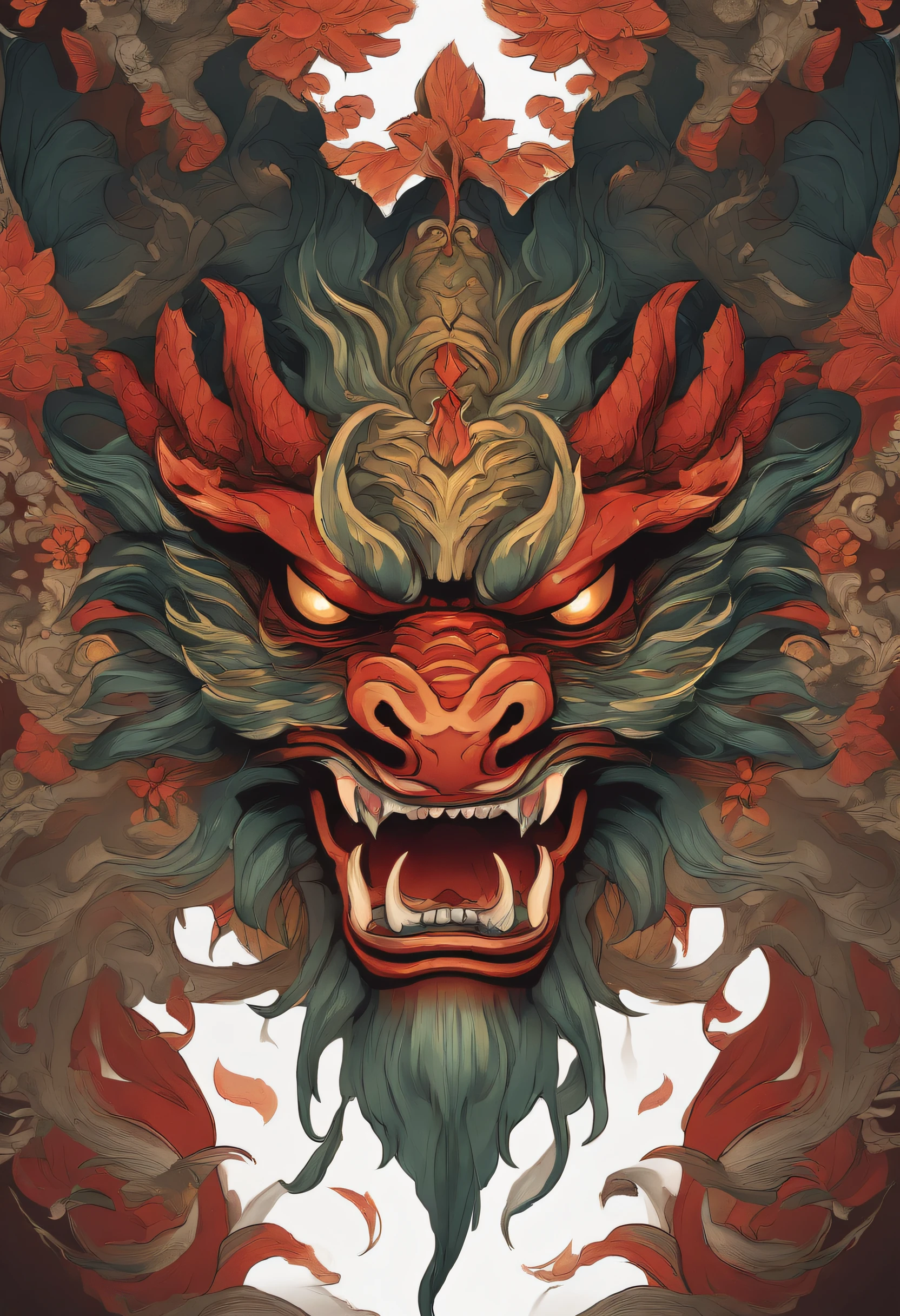 Sticker illustration on white background, Dragon-shaped goblin face painting, Qiu Tianwang, Oriental-style painting, Tengu Mask, Demon Samurai Mask, Asura in Chinese mythology, Bold contour style, Jagged edges, Front painting, recycle bin, Light Shading --V 5.2