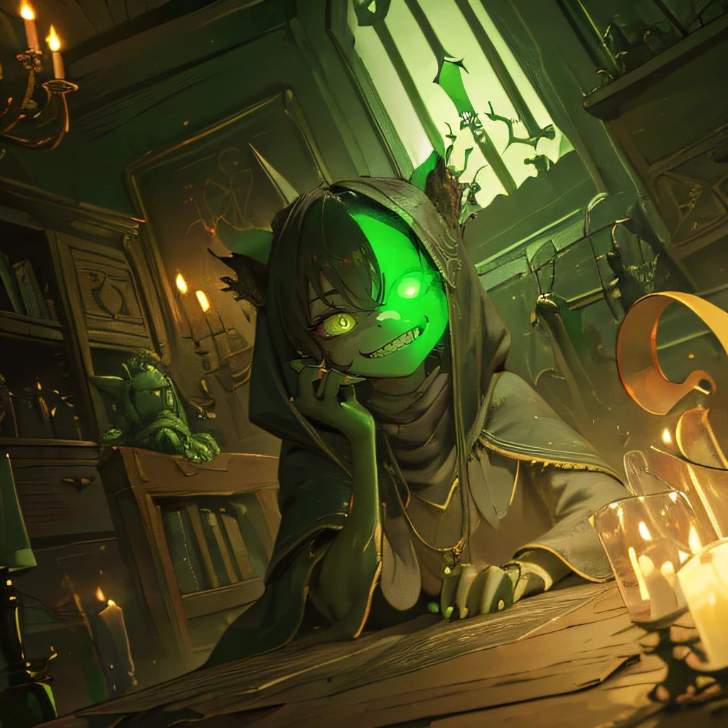 (best quality,highres:1.2), detailed goblin, contracts, sinister smile, powerful god of contracts, dark and mysterious atmosphere, glowing green eyes, long and sharp claws, ancient scrolls, dusty old room, dim candle light, golden ink, mystical symbols, eerie ambiance