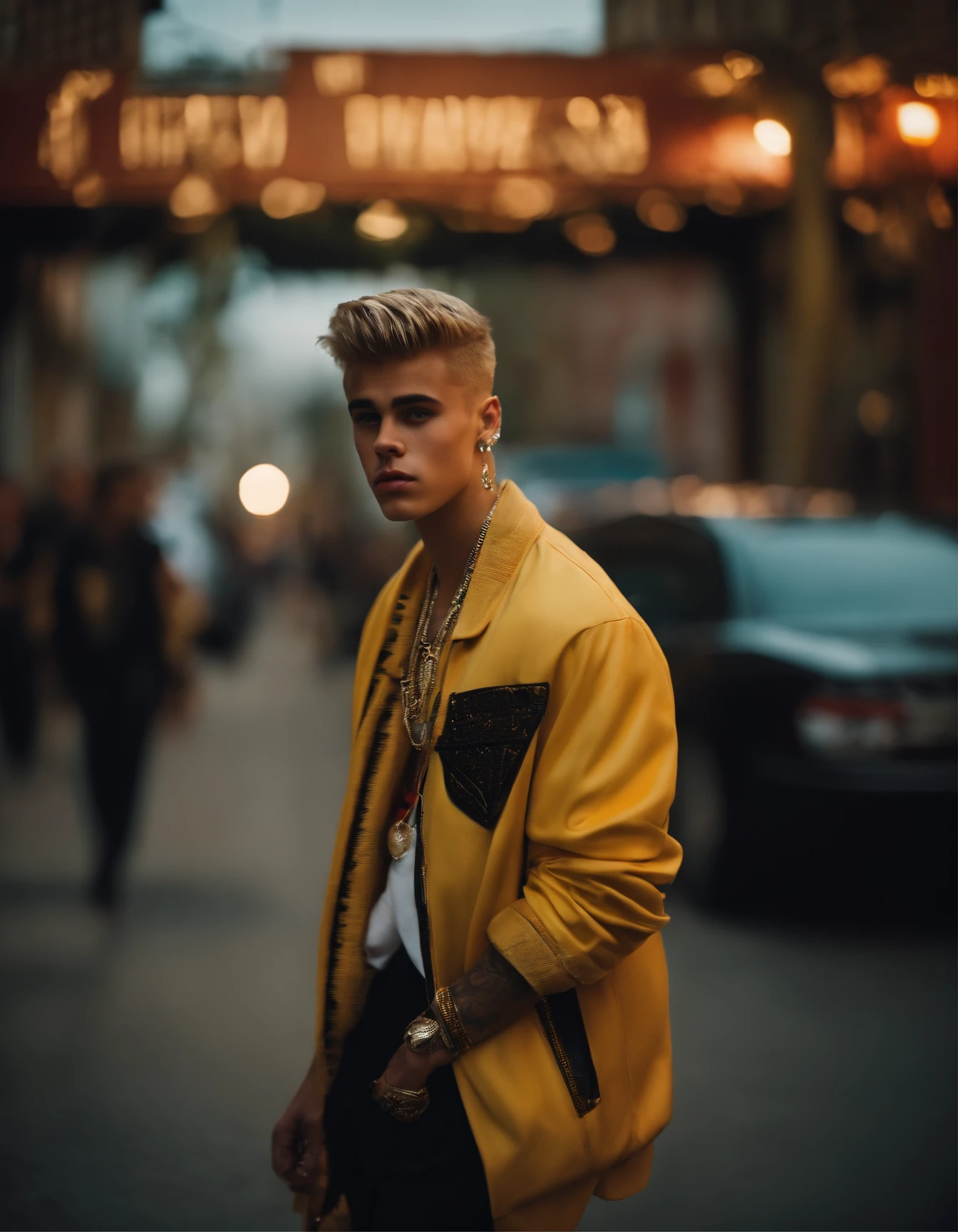 Fashion photography, Justin Bieber character, cool, full body view, street style, direct eye shadow, bright eyes, contrasting patterned background, bright colors, hiphop clothes, head close-up, oscillating depth of field, ethereal lighting, backlighting, holga medium format camera